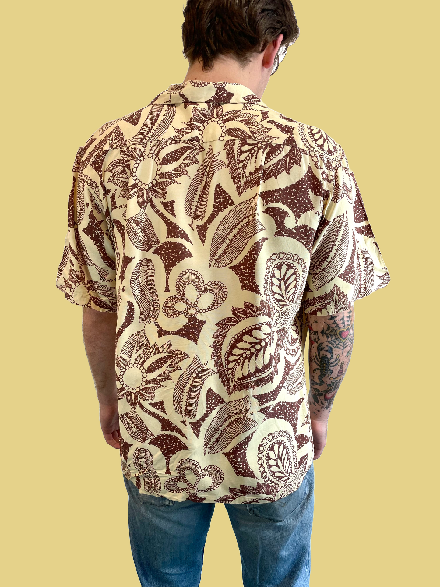 1940s XL Cream Frond Print Rayon Cabana Shirt