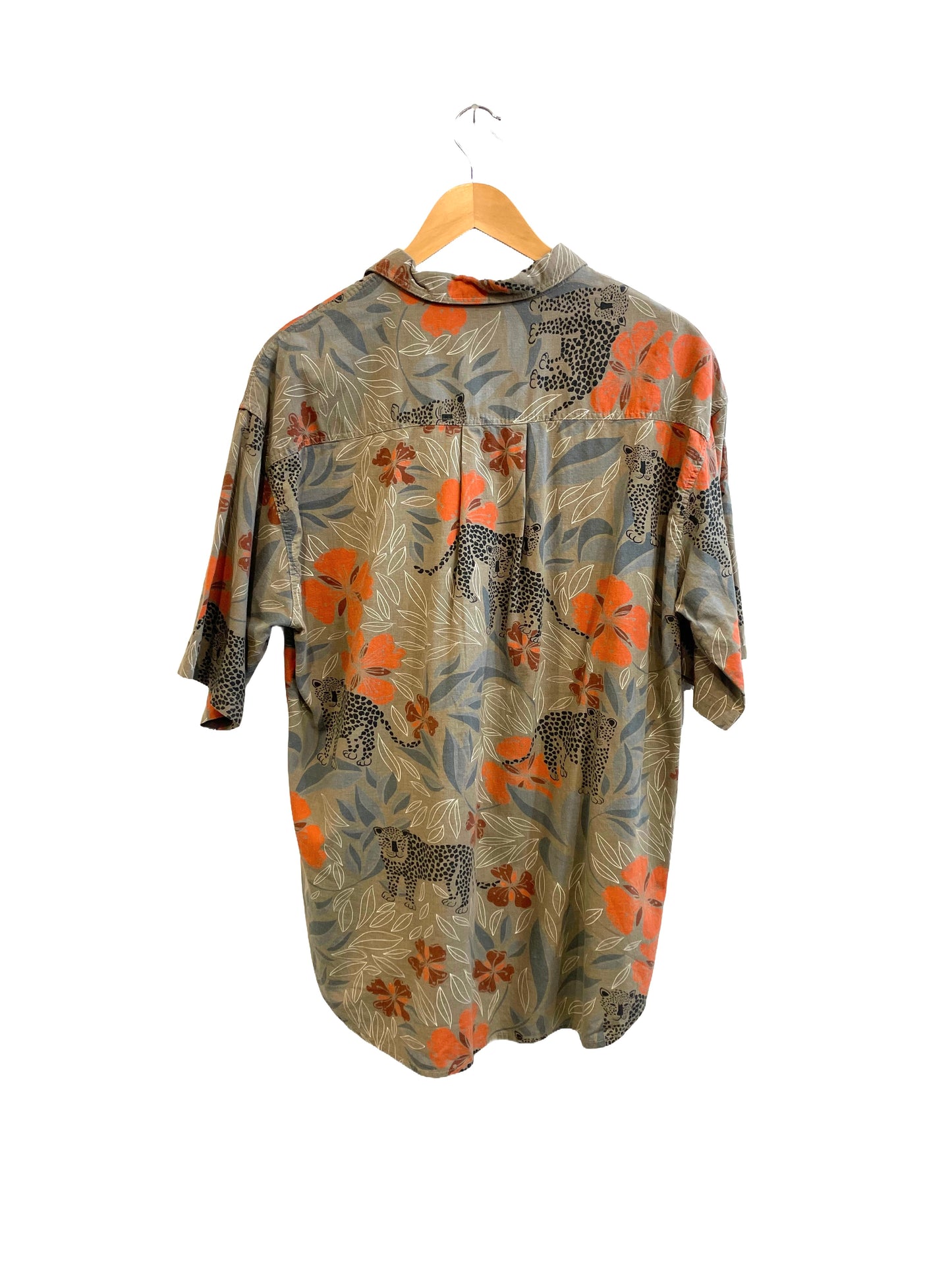 1990s Brown Rich Color Jungle Plants Leopard Rayon-Cotton Shirt