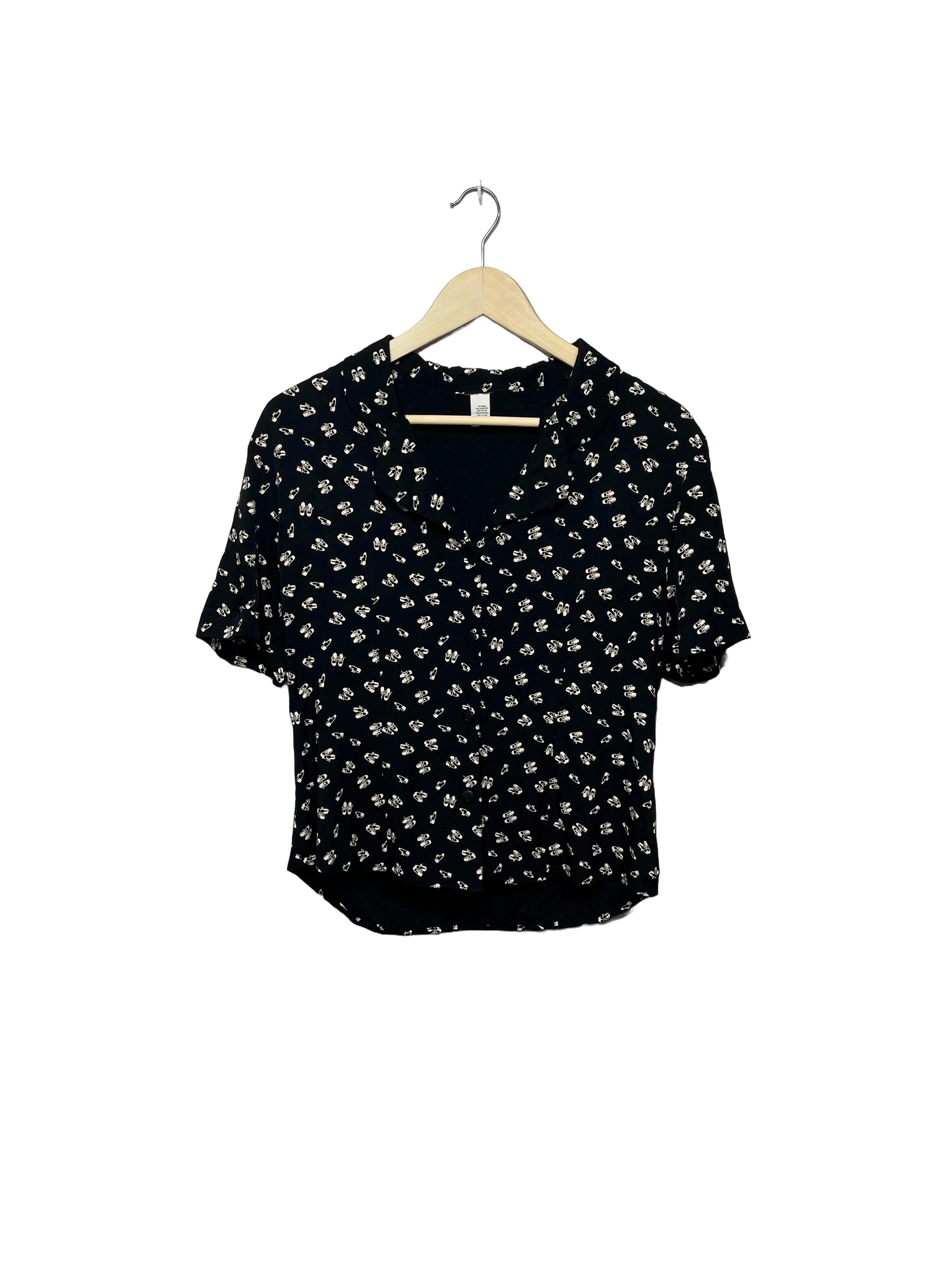 1990s Black White Shoe Print Rayon-Blend Blouse