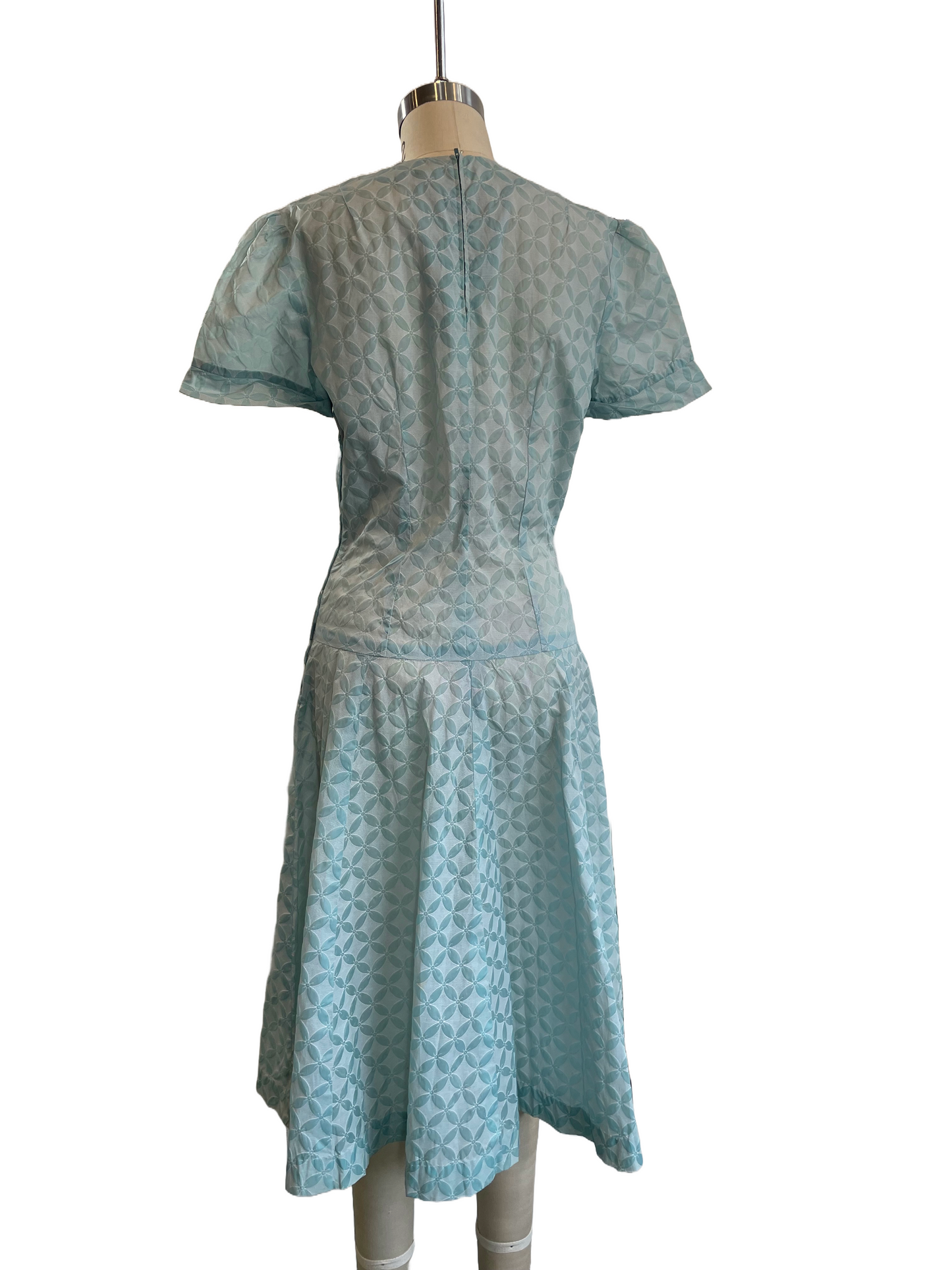1950s Pale Mint White Floral Handmade Drop Waist Puff Sleeve Dress