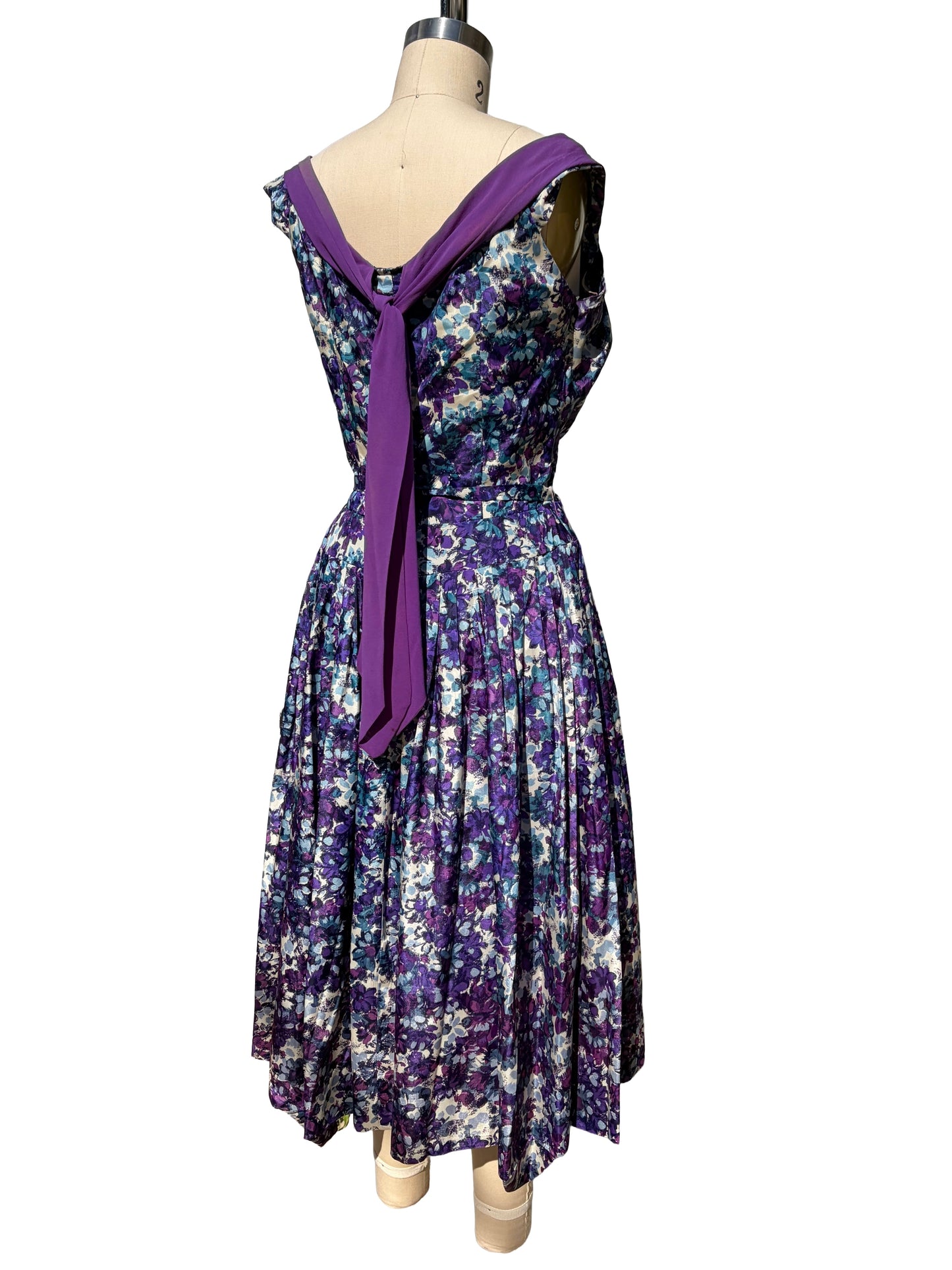 1950s Purple Blue White Floral Sash Collar Rhinestone Belt Party Dress