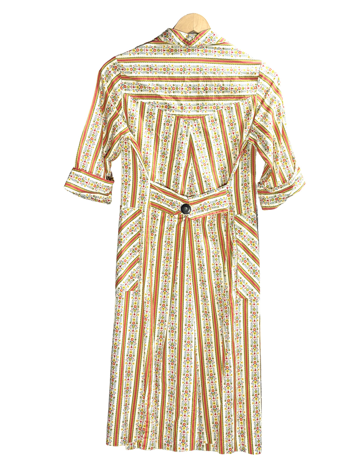 1950s White Red Yellow Sears Cotton Printed Novelty Button House Dress