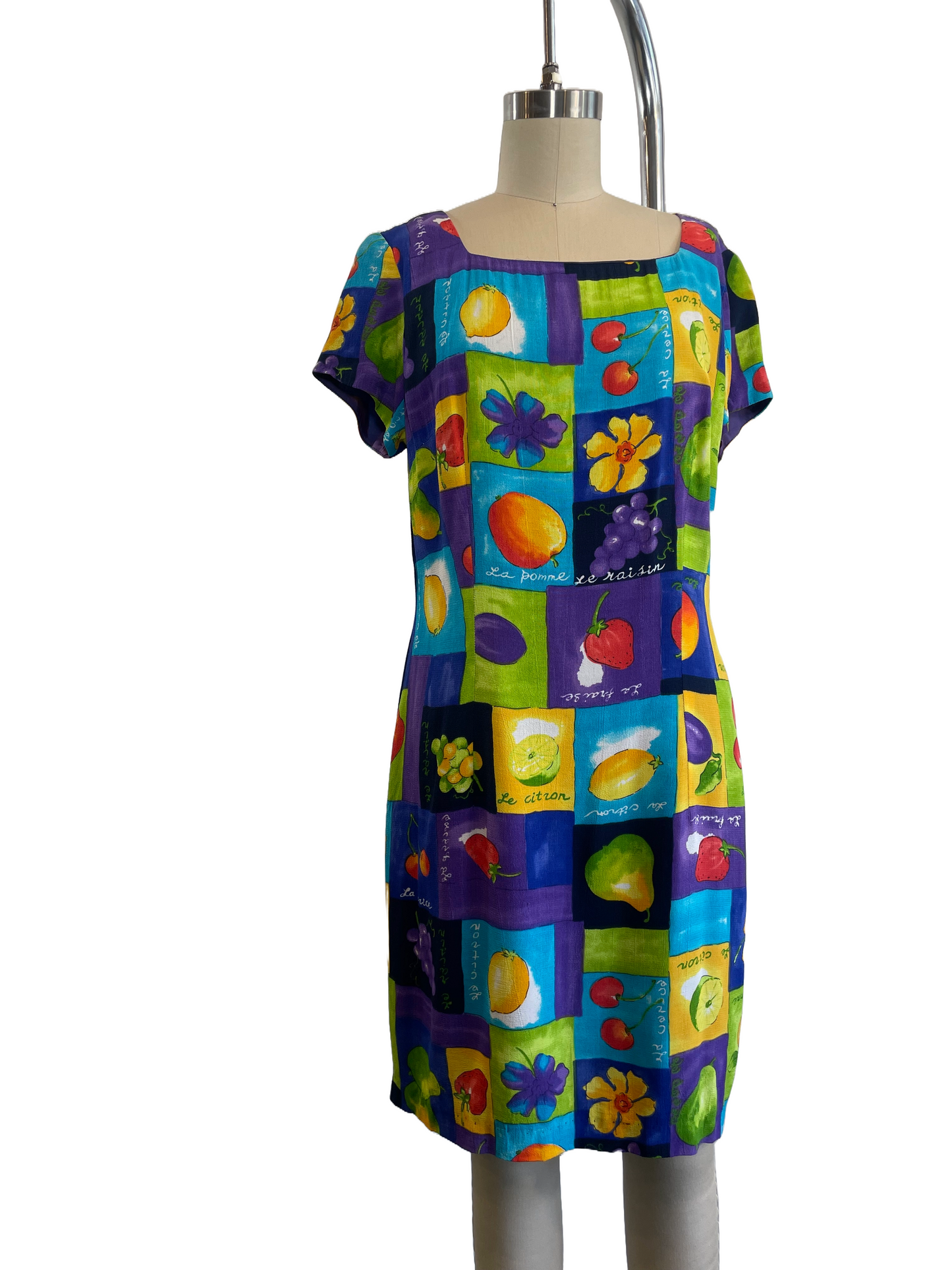 1990s Multicolor French Fruit Rayon Mini Dress