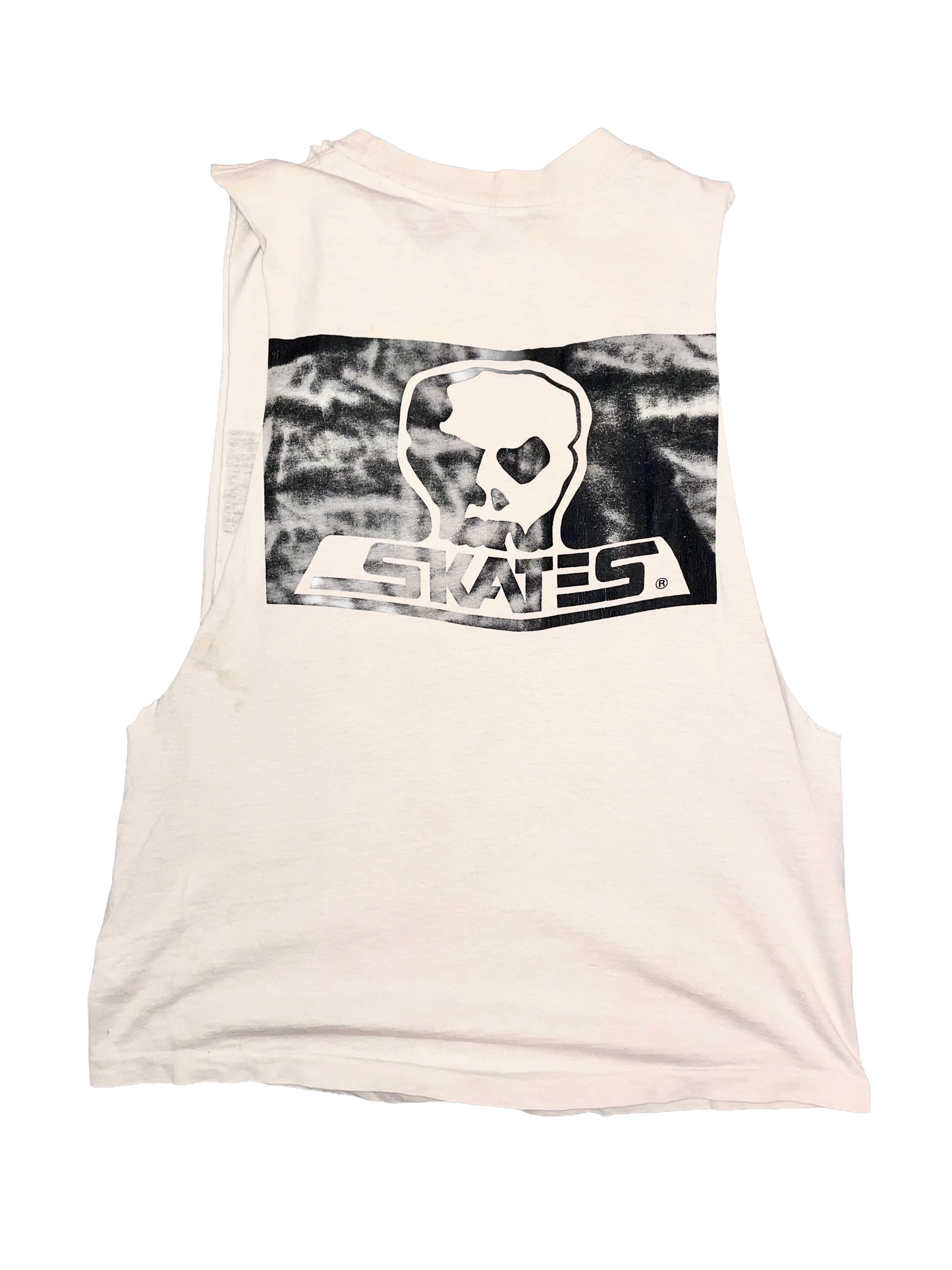 Skull Skates Skate Deck Brand ca. 1980s White Double Sided Cut-off Vintage T-Shirt