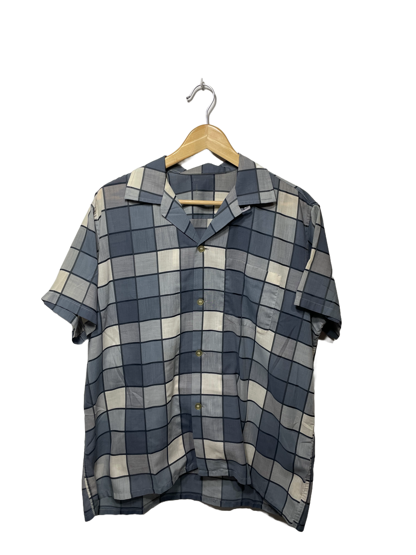 1960s Gray White Large Graph Check Loop Collar Shirt