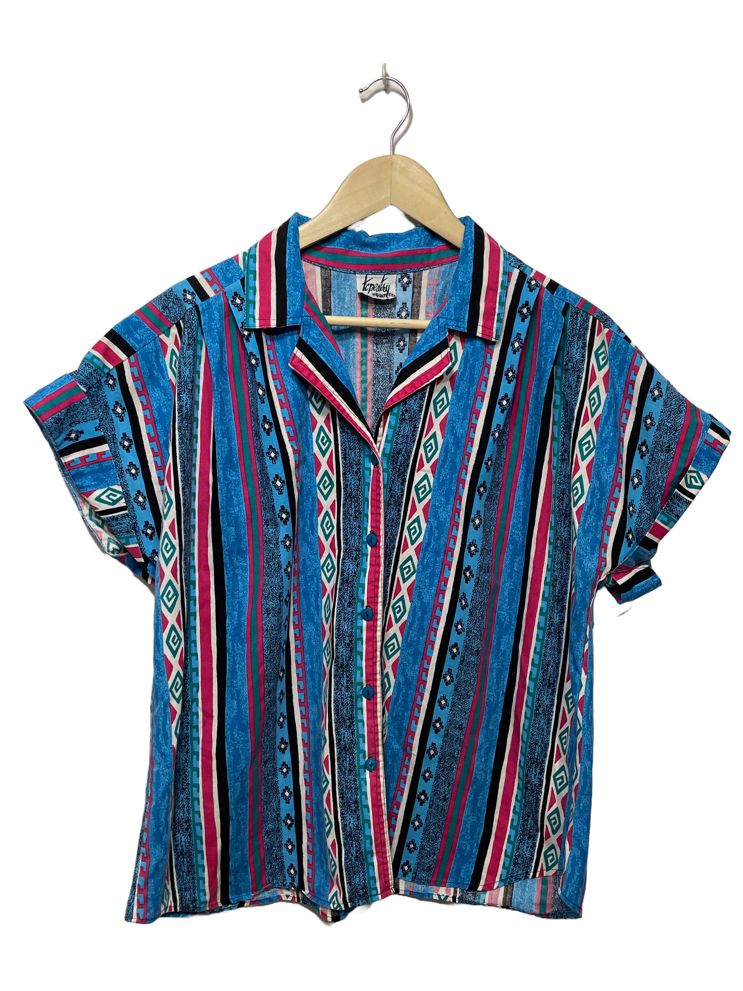1980s Blue Pink Western Print Cotton Blouse