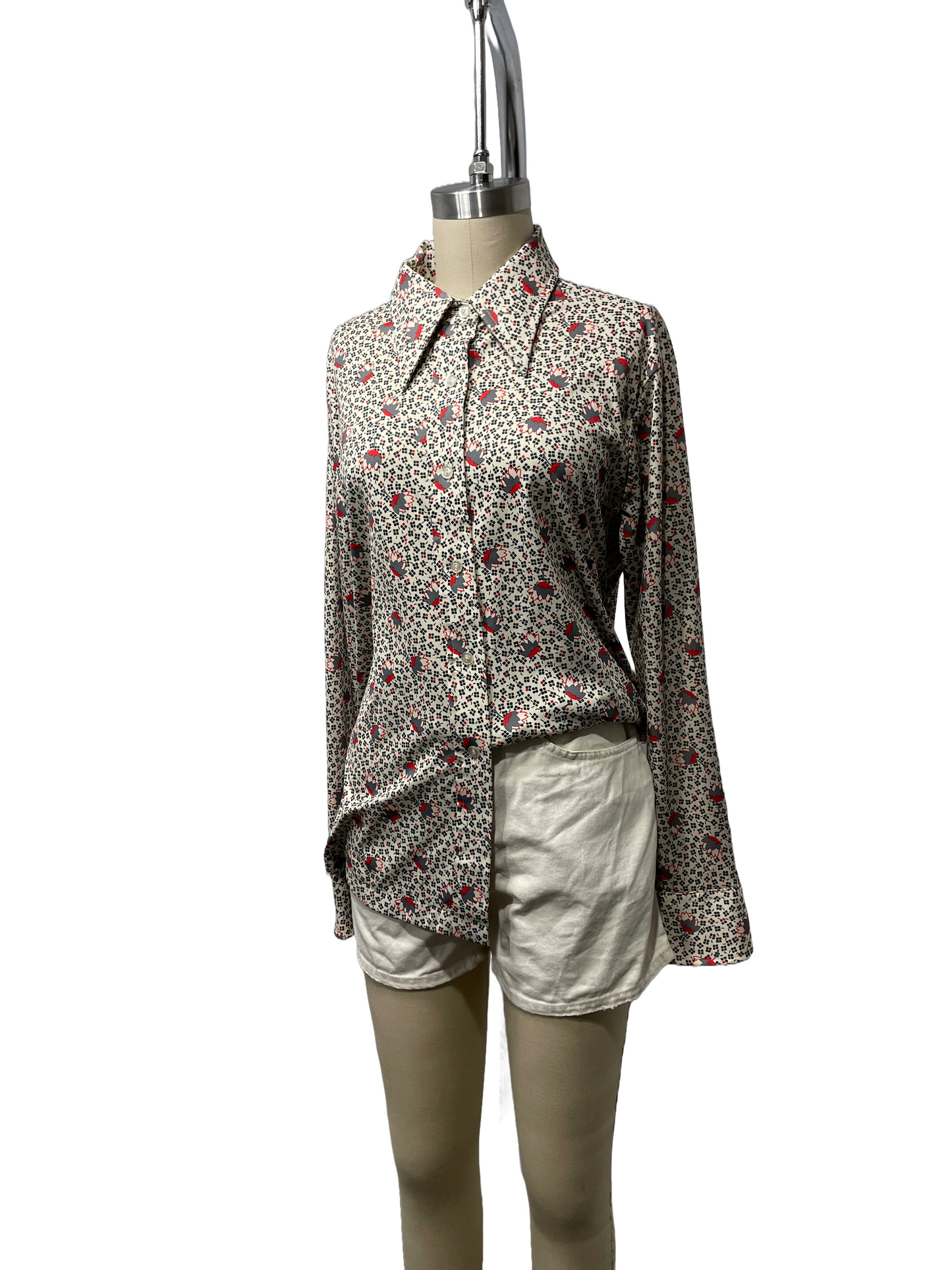 1970s Taupe Geo Confetti Stretch Poly Blouse