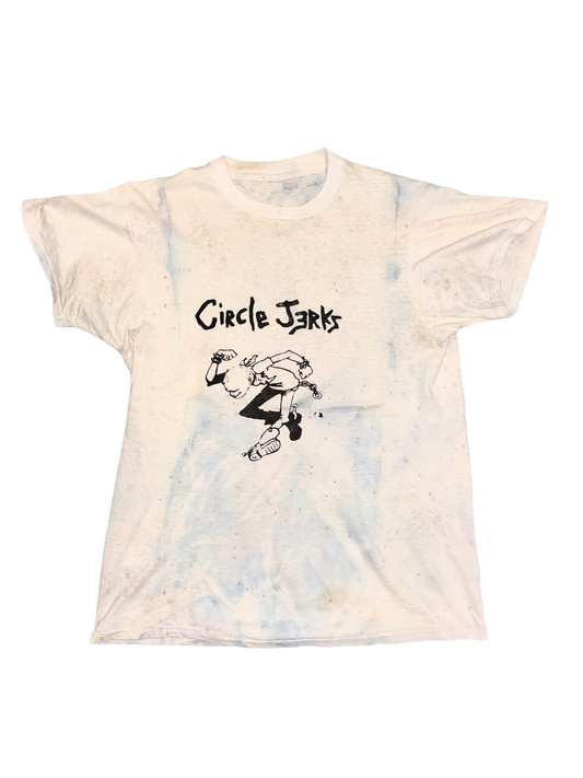 Tie-dye t-shirt with 'Circle Jerks' logo on a white background