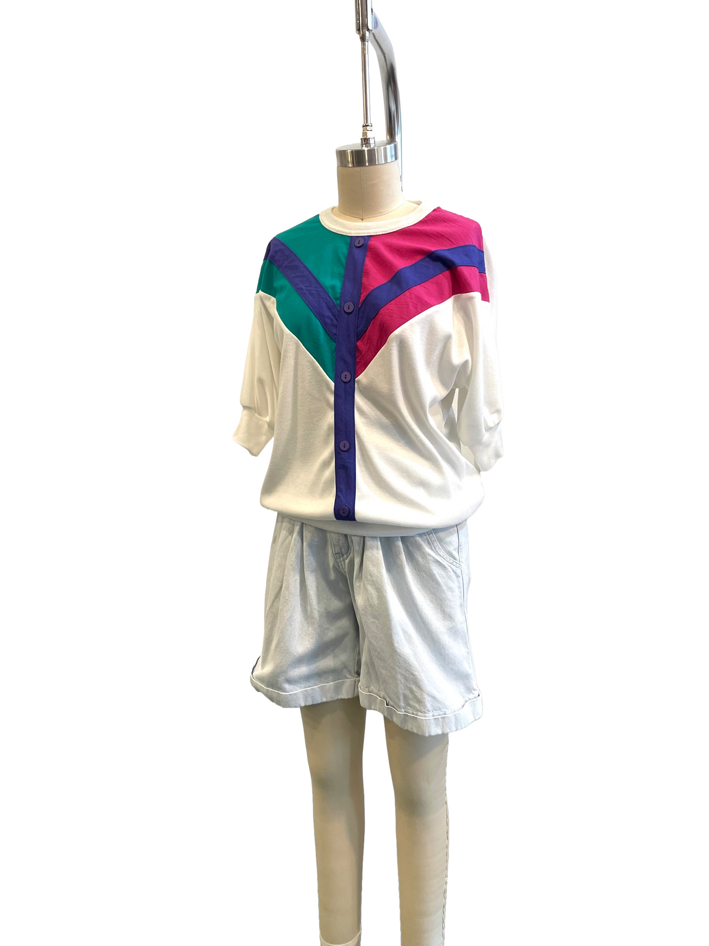 1980s White Jewel Tone Colorblock Banded Tee