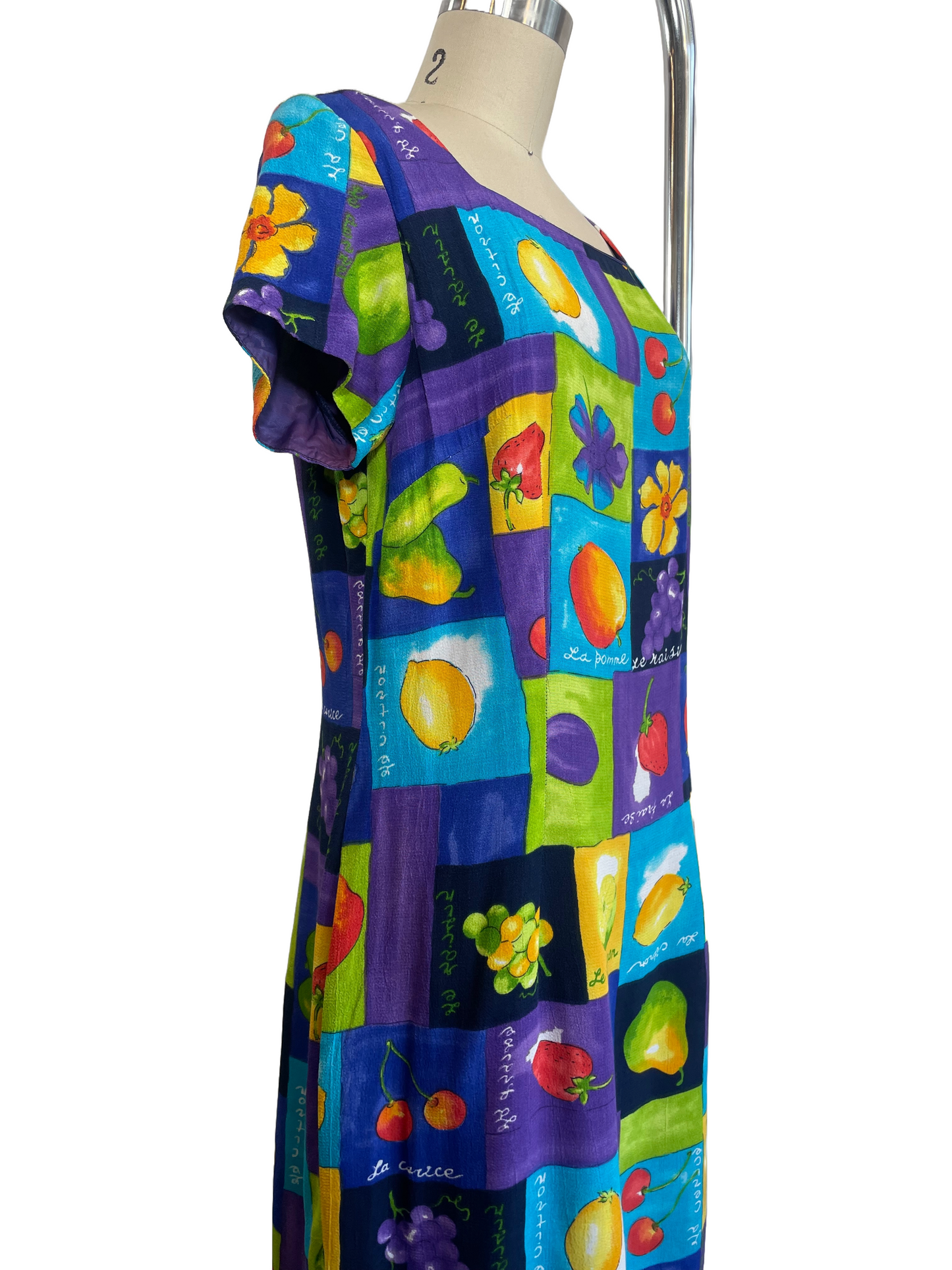 1990s Multicolor French Fruit Rayon Mini Dress