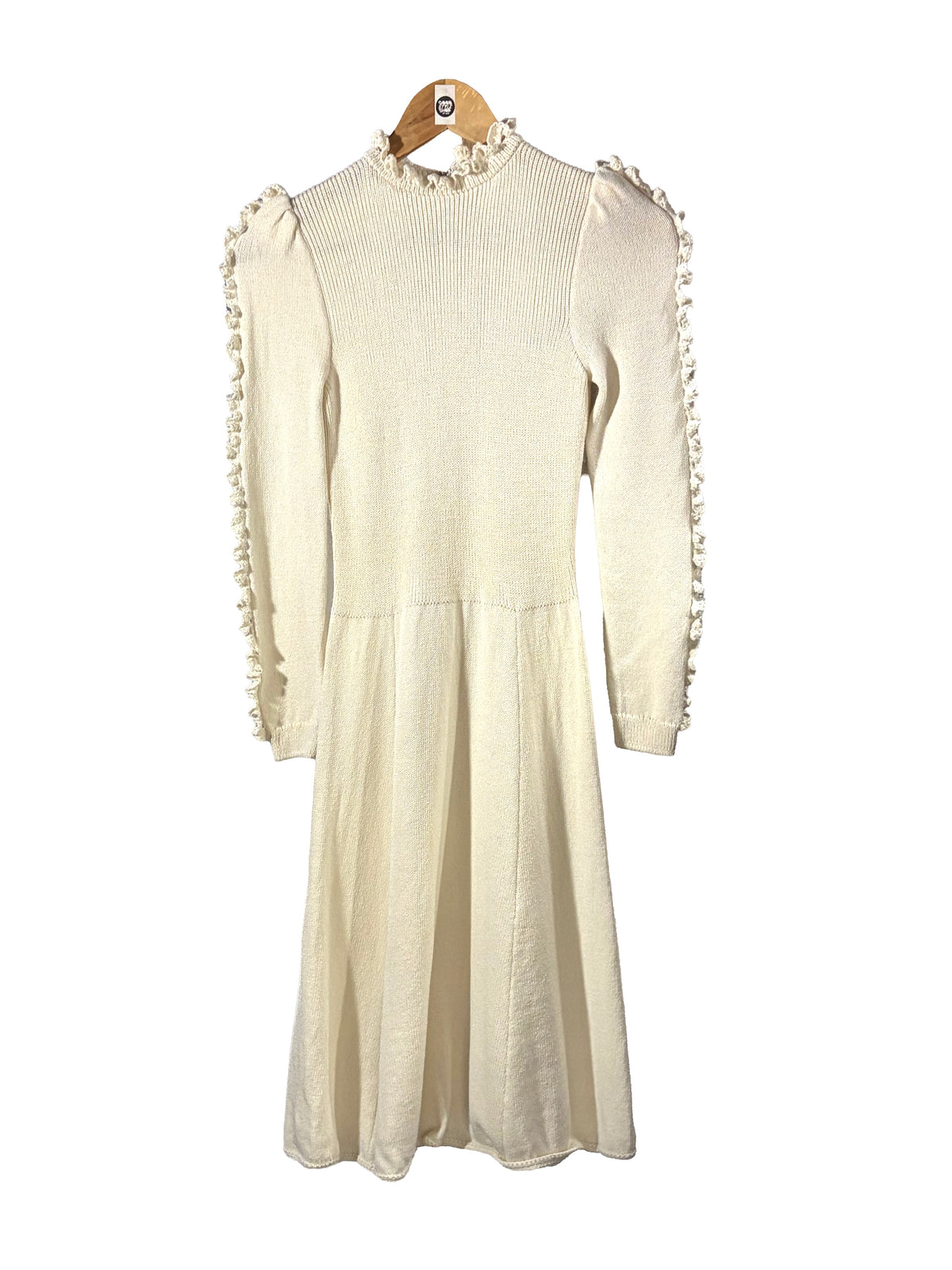 1970s Cream ’St. John’ Knit Ruffle Sweater Dress