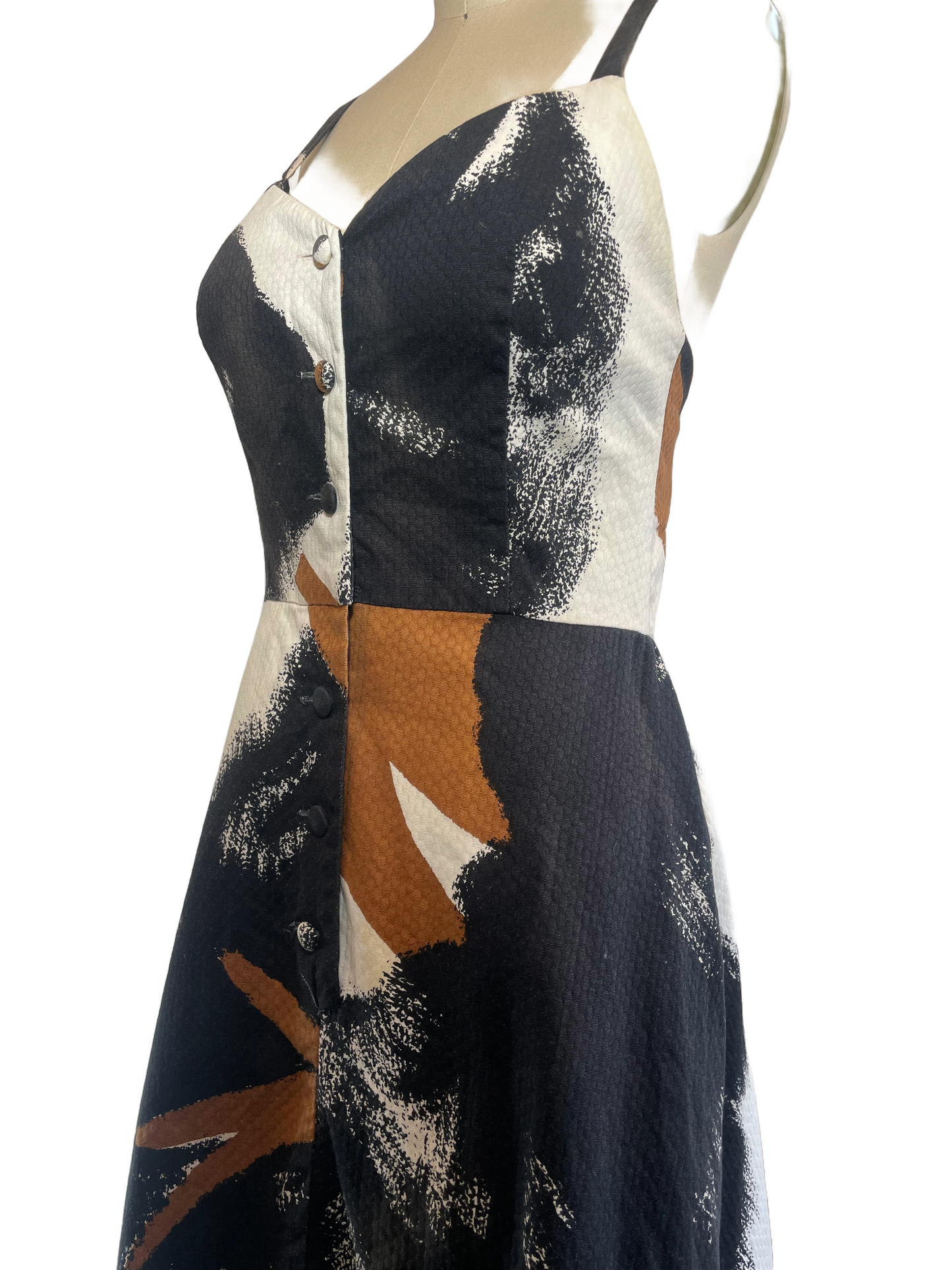 1970s Black White Brown Cross Back 'Malia' Mini Dress