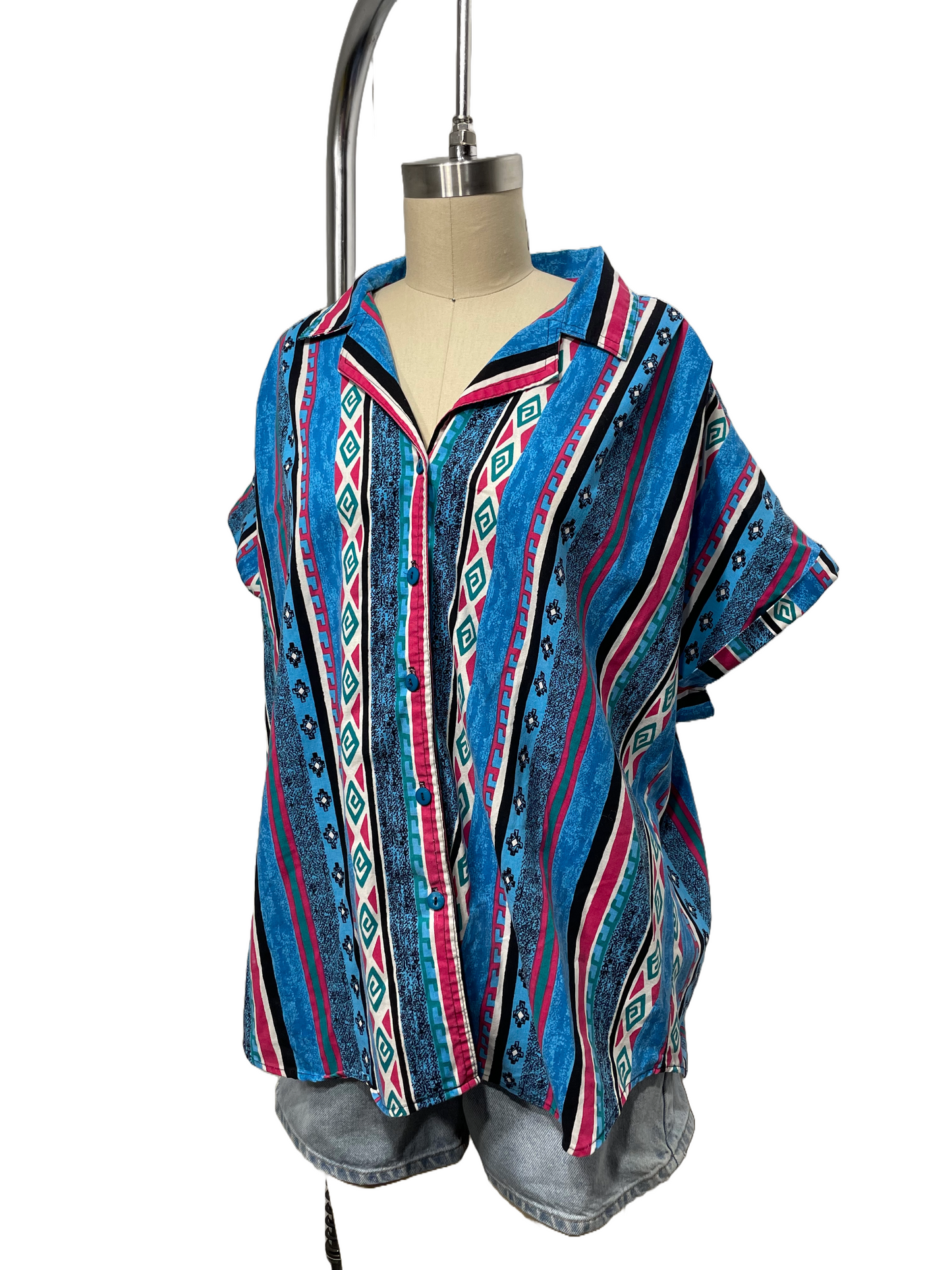 1980s Blue Pink Western Print Cotton Blouse