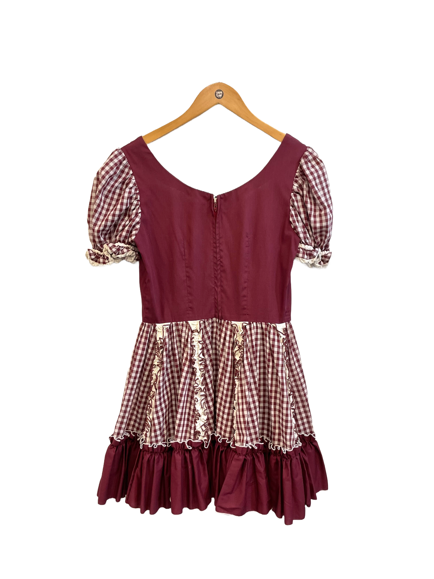 1970s Maroon Check Milkmaid Square Dance Mini Dress