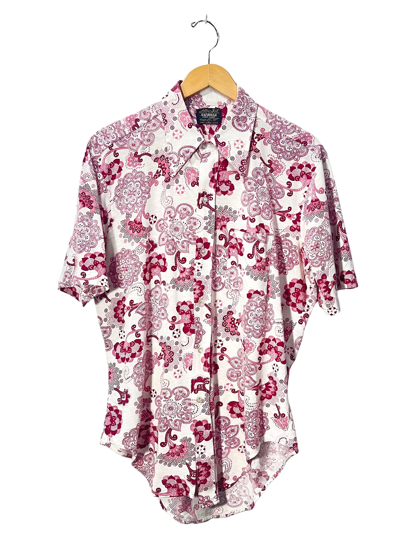 1970s White Pink Tonal Stylized Floral Knit Dagger Collar Shirt