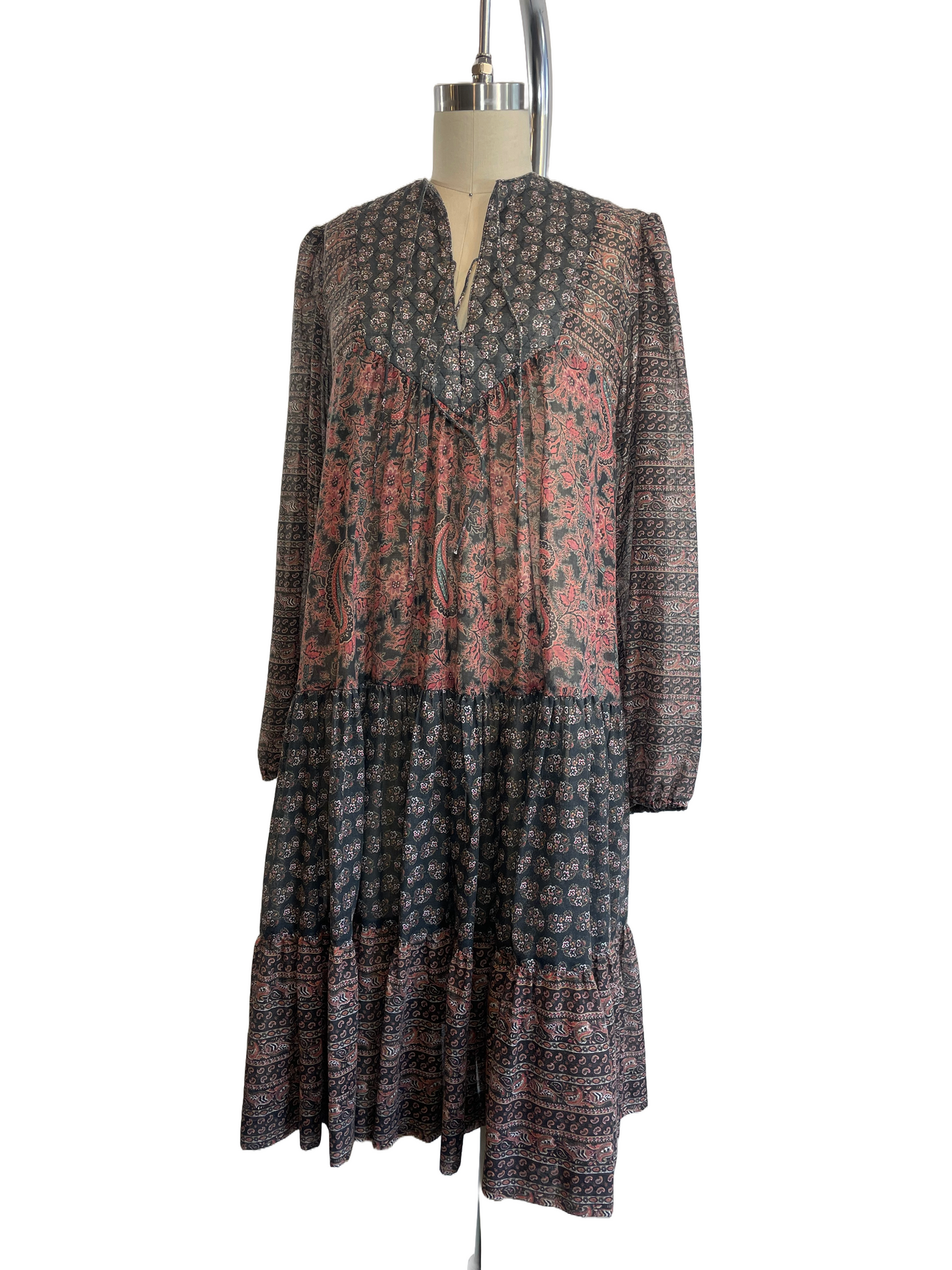 1970s Grey Tones Semi-Sheer Paisley Tunic Dress