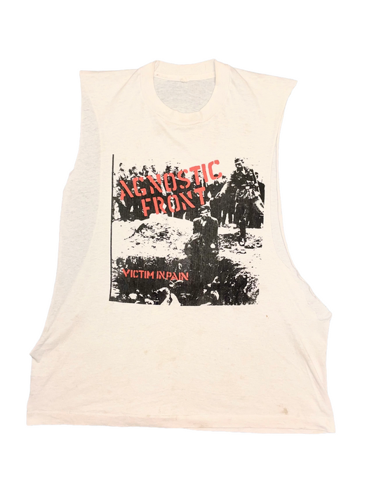Beige sleeveless shirt with Agonistic Front graphic design and text on a white background
