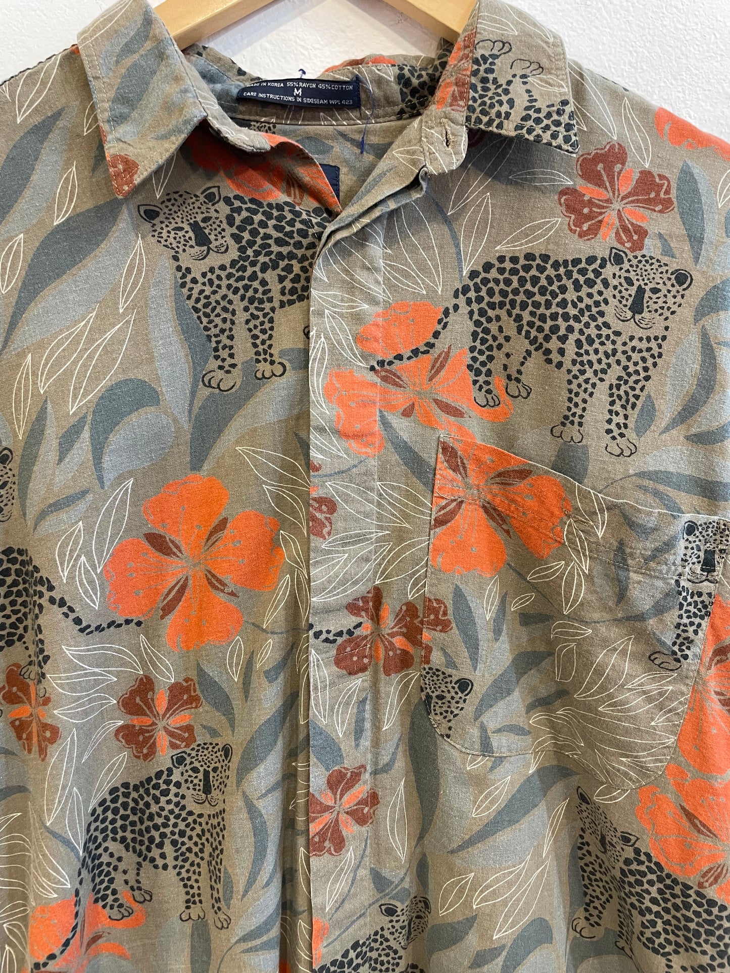 1990s Brown Rich Color Jungle Plants Leopard Rayon-Cotton Shirt