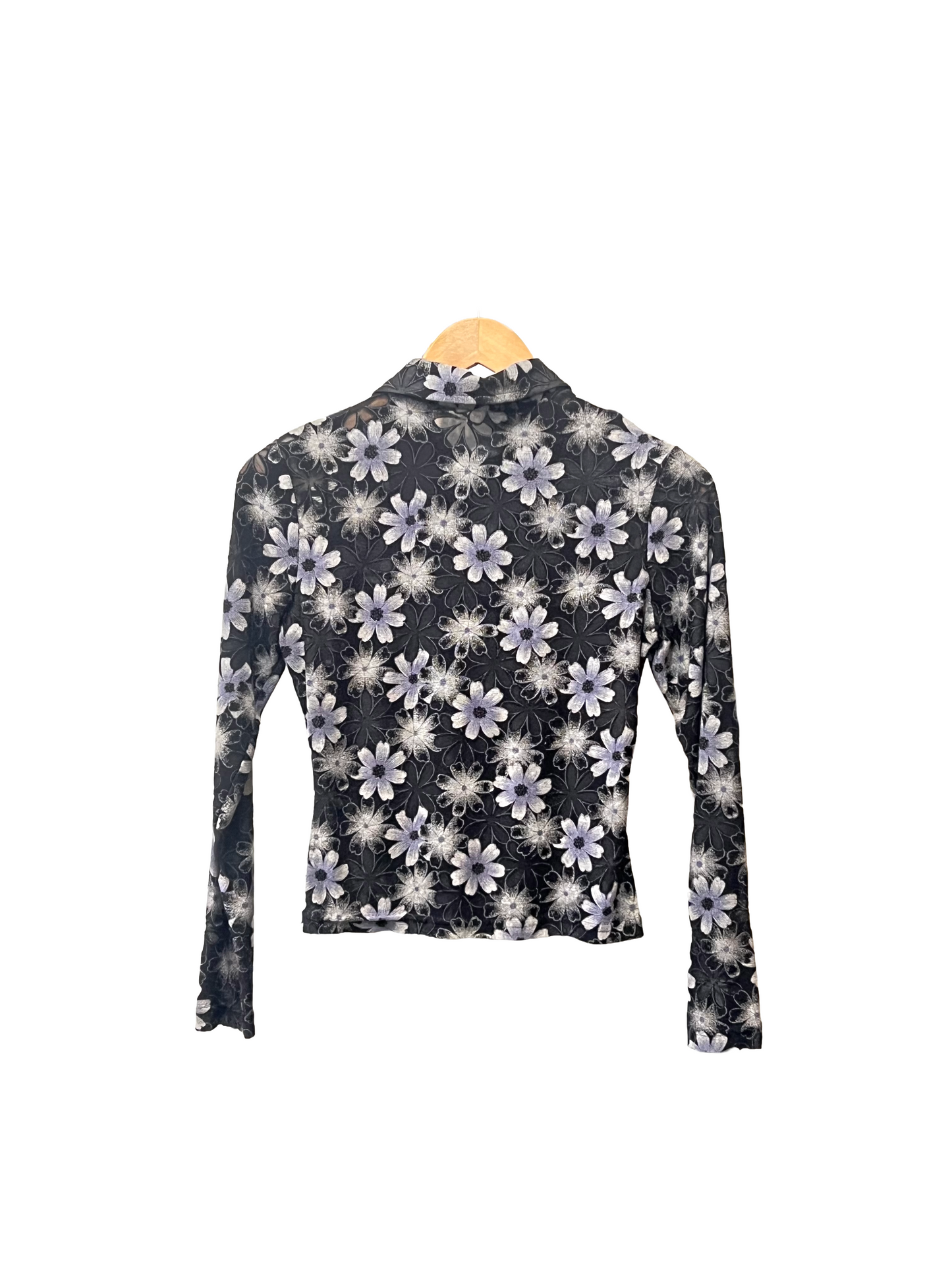 1990s Black Grey Floral Burnout Stretch Knit Quarter-Zip Top