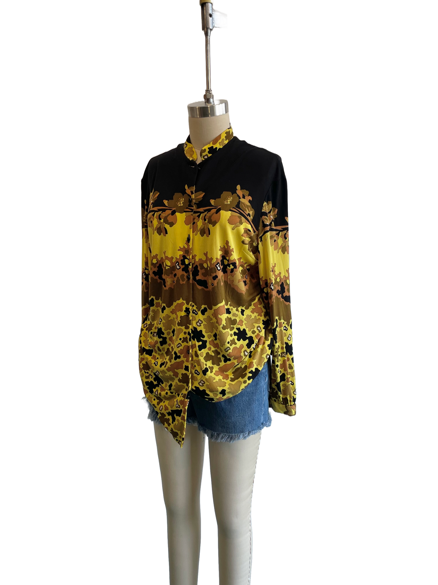 1970s Black Yellow Amber Mustard Silk Abstract and Floral 'Swan' Nehru Collar Blouse