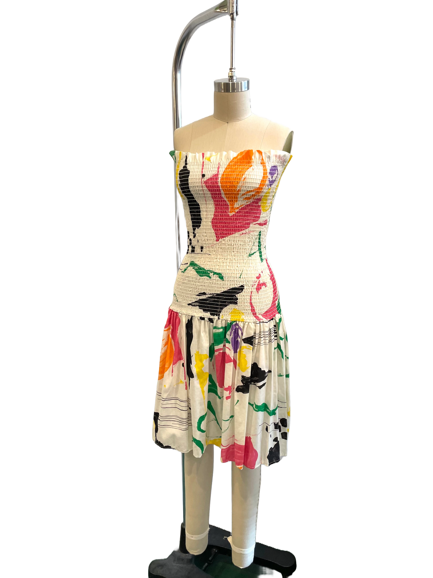 1980s Eye on LA Smocked Top White Splattered Strapless Dress