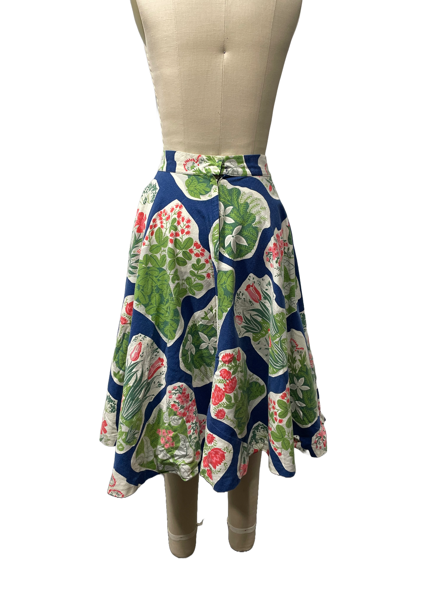 1950s Blue Atomic Floral Barkcloth Cotton Circle Skirt