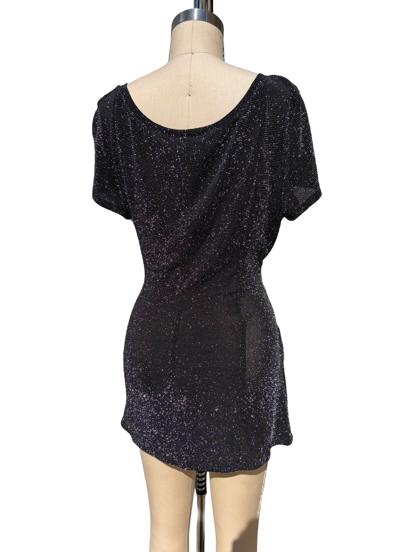 1990s Black Silver Slinky Sarong-Style Stretch Party Dress