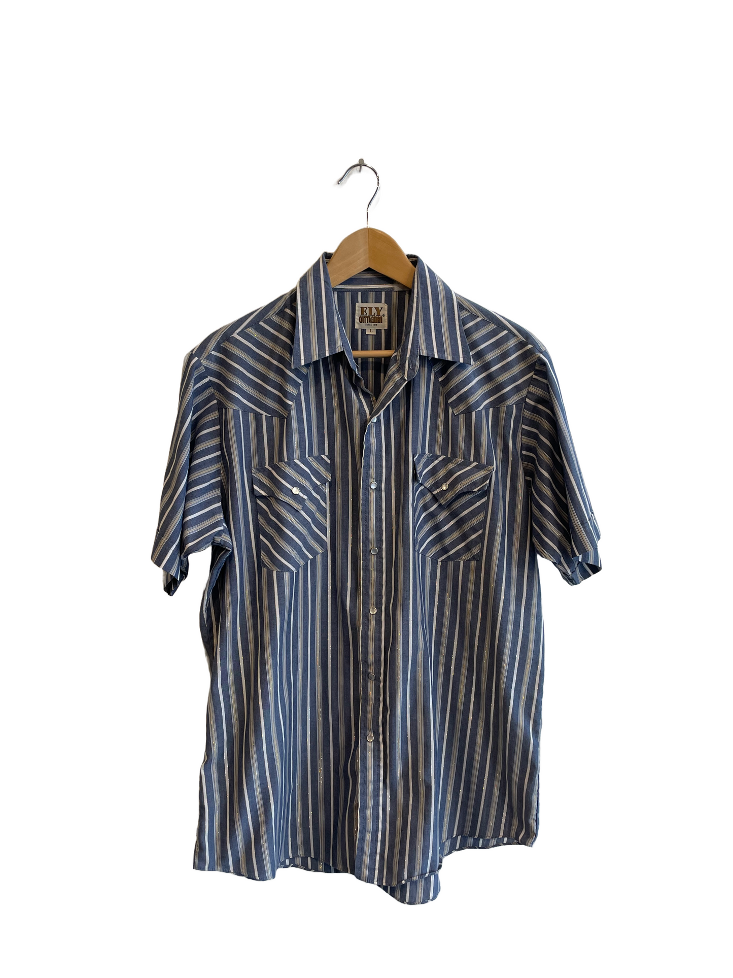 1980s Blue White Tinsel Weave Western Short Sleeve Shirt