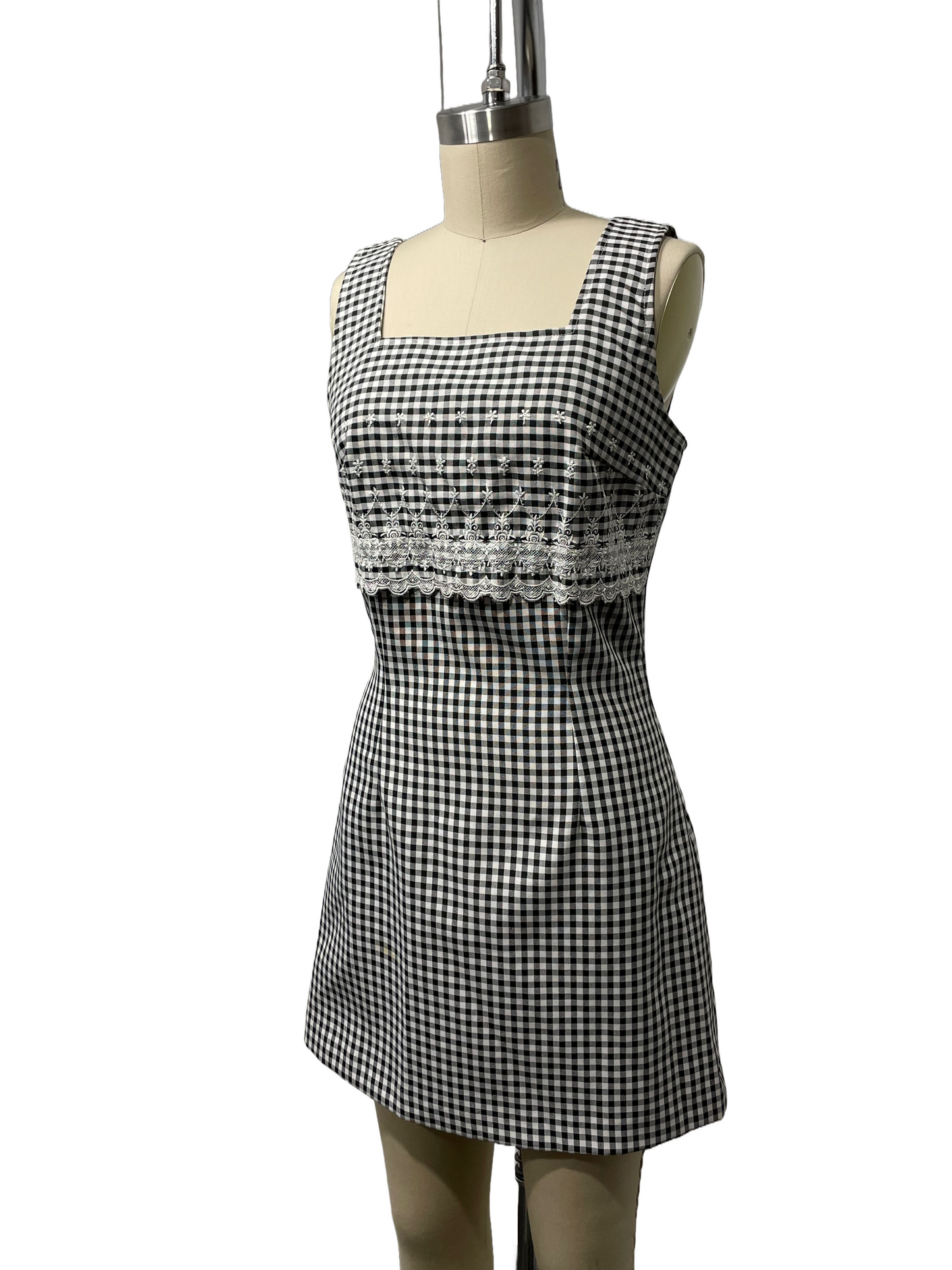 1990s Black White Gingham Floral Embroidery Babydoll Dress