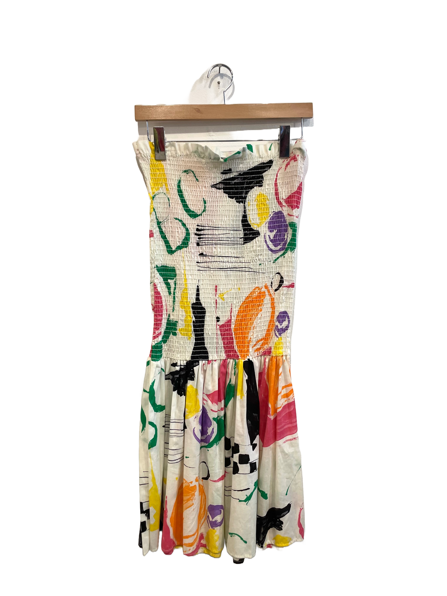 1980s Eye on LA Smocked Top White Splattered Strapless Dress