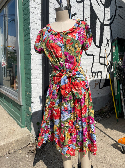 1980s Multicolor Floral Puff Sleeve Self-Belt Dress