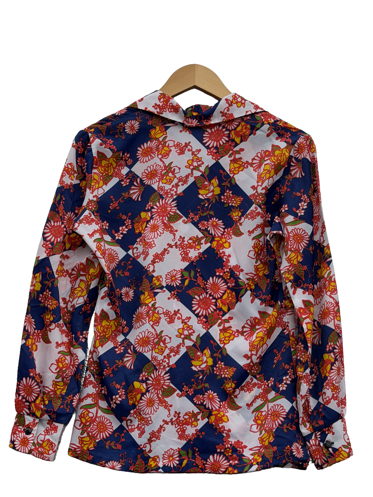 1970s Red Yellow Blue Floral Nylon Blouse