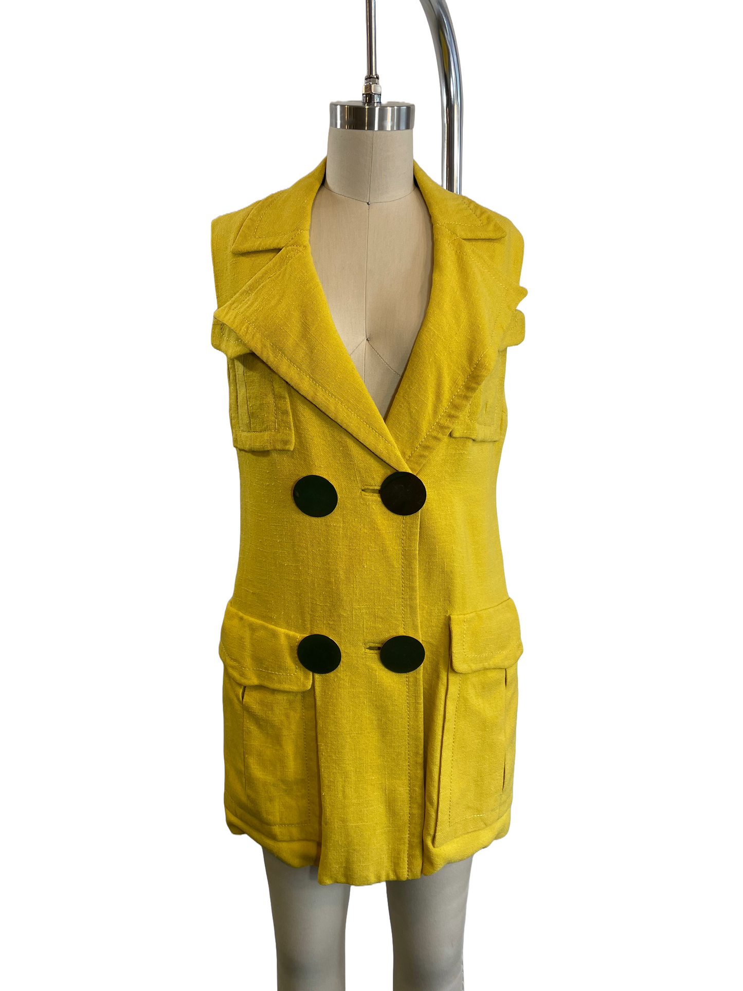 1960s Canary Yellow Safari Vest-Style Pocket Mini Dress