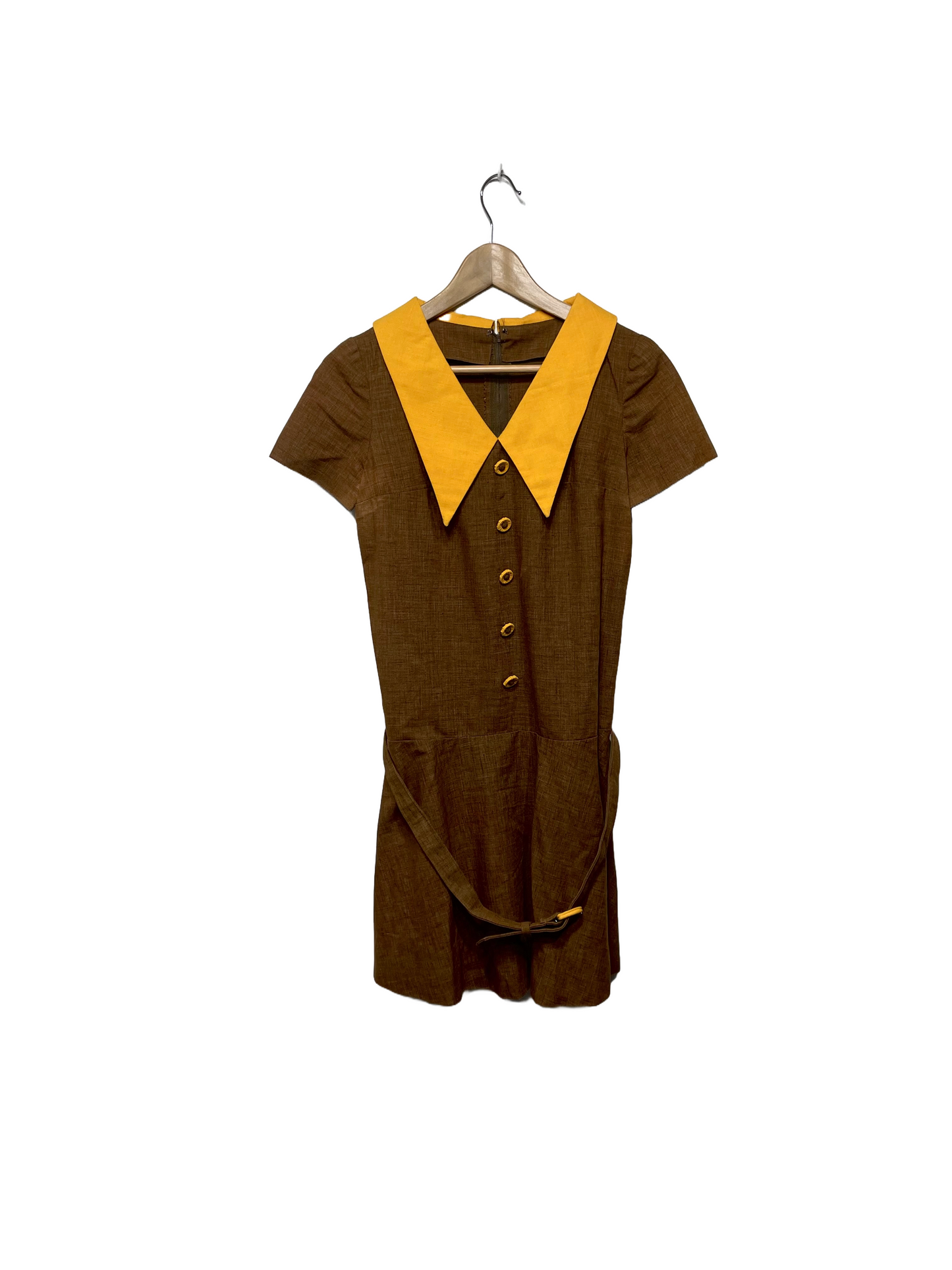 1970s Brown Yellow Mod Dagger Collar Belted Scooter Dress