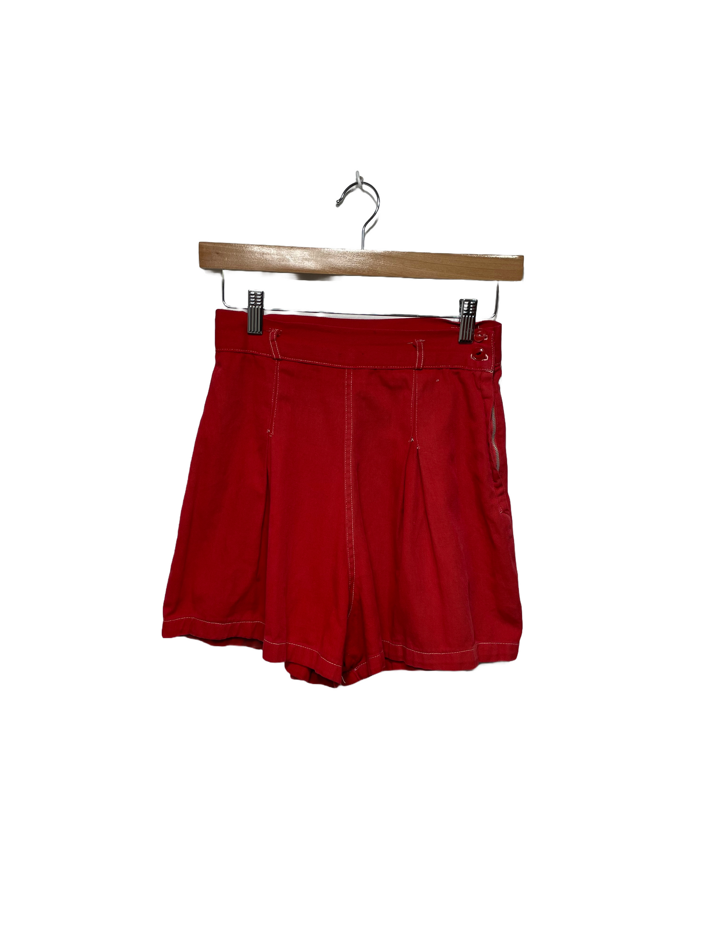 1960s Red Cotton Twill Side Zip Flare Shorts