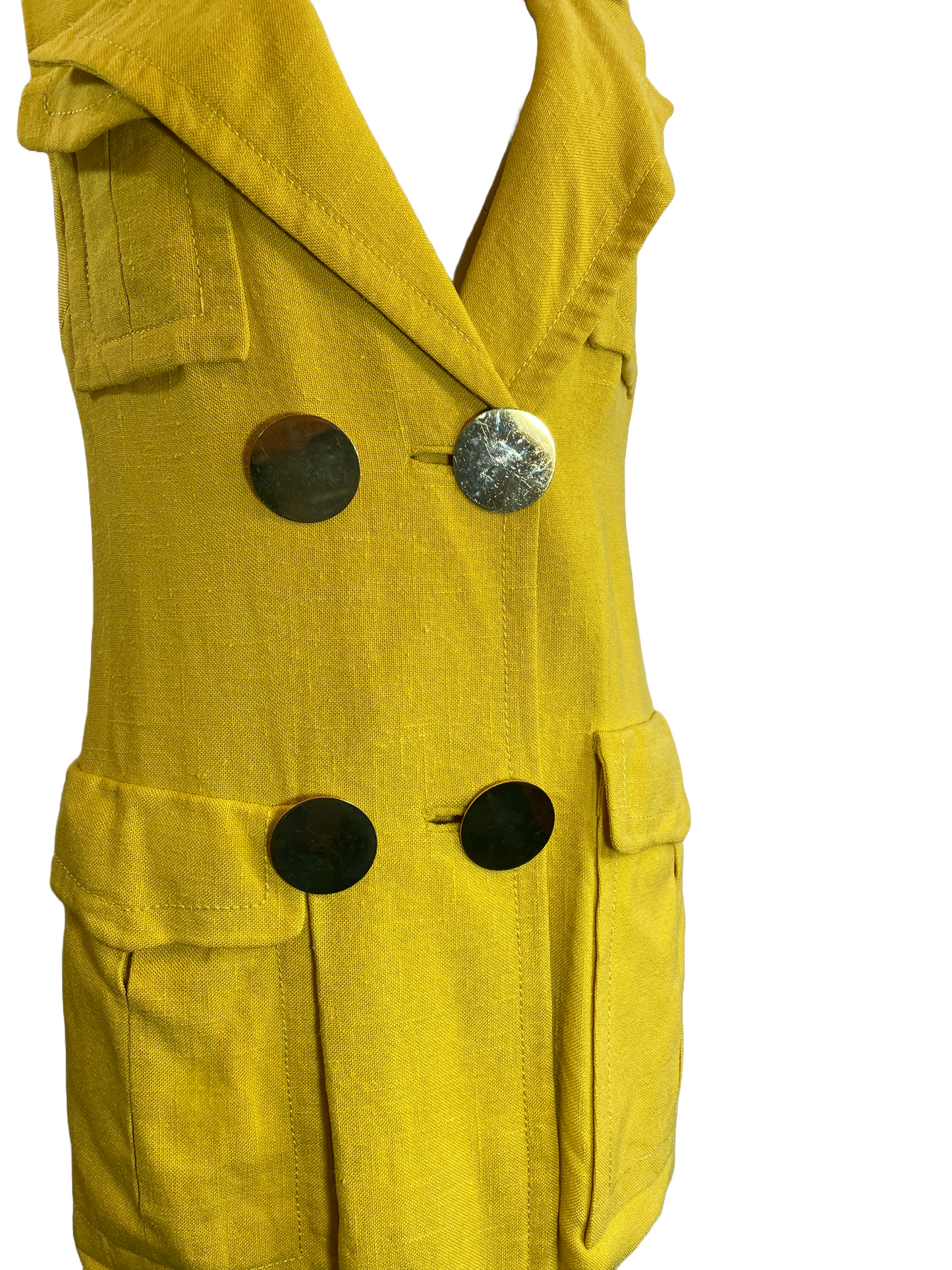 1960s Canary Yellow Safari Vest-Style Pocket Mini Dress
