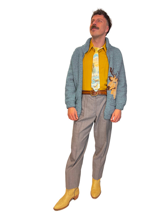 1960s Hand-Knit Wool Light Blue XL Buck Motif Zip Cowichan-Style Cardigan