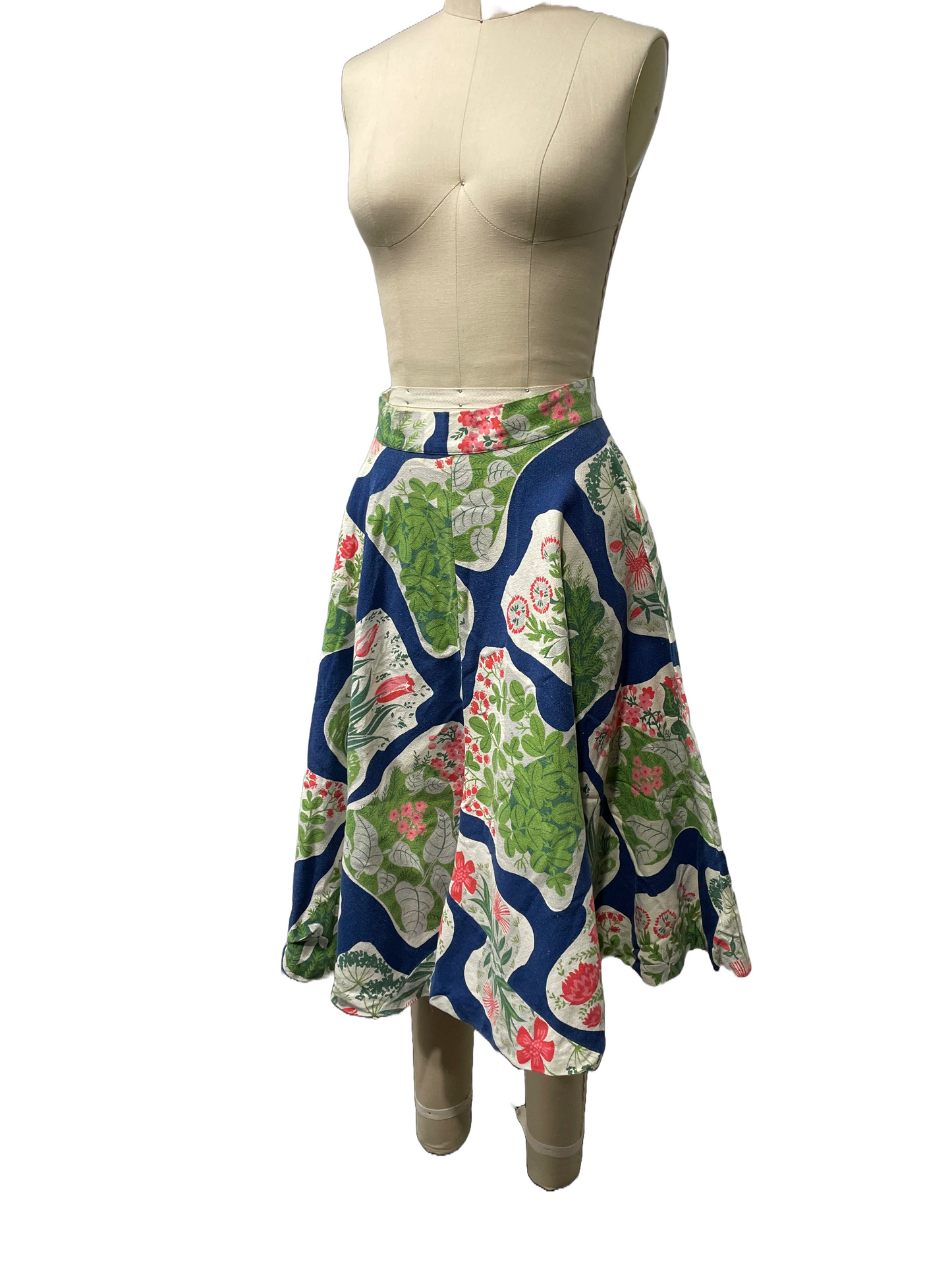 1950s Blue Atomic Floral Barkcloth Cotton Circle Skirt