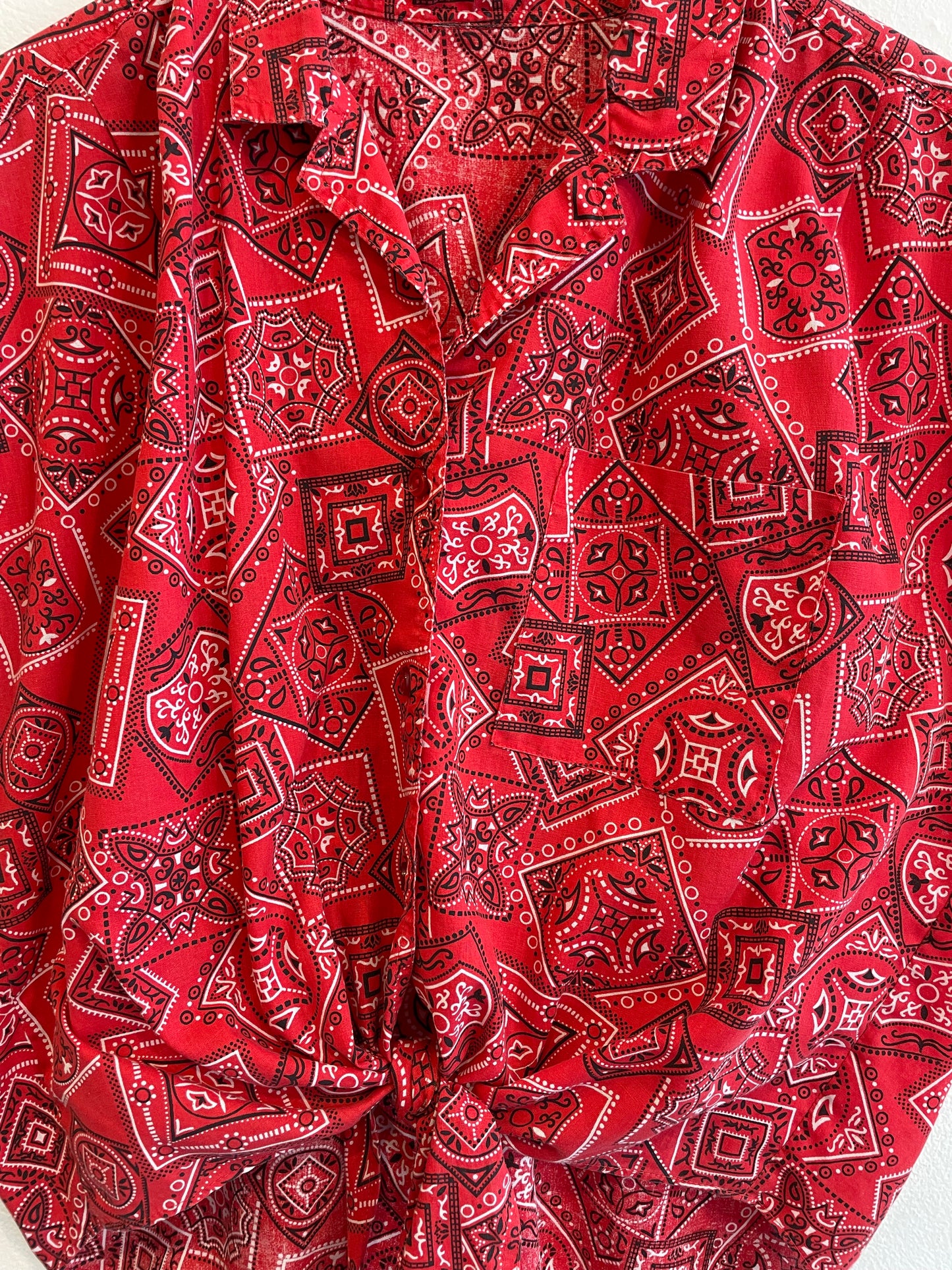 1980s Red Bandanna Print Tie Blouse