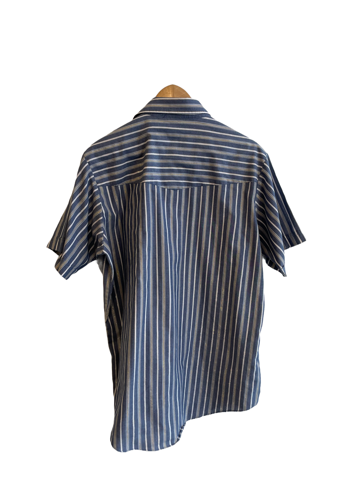 1980s Blue White Tinsel Weave Western Short Sleeve Shirt