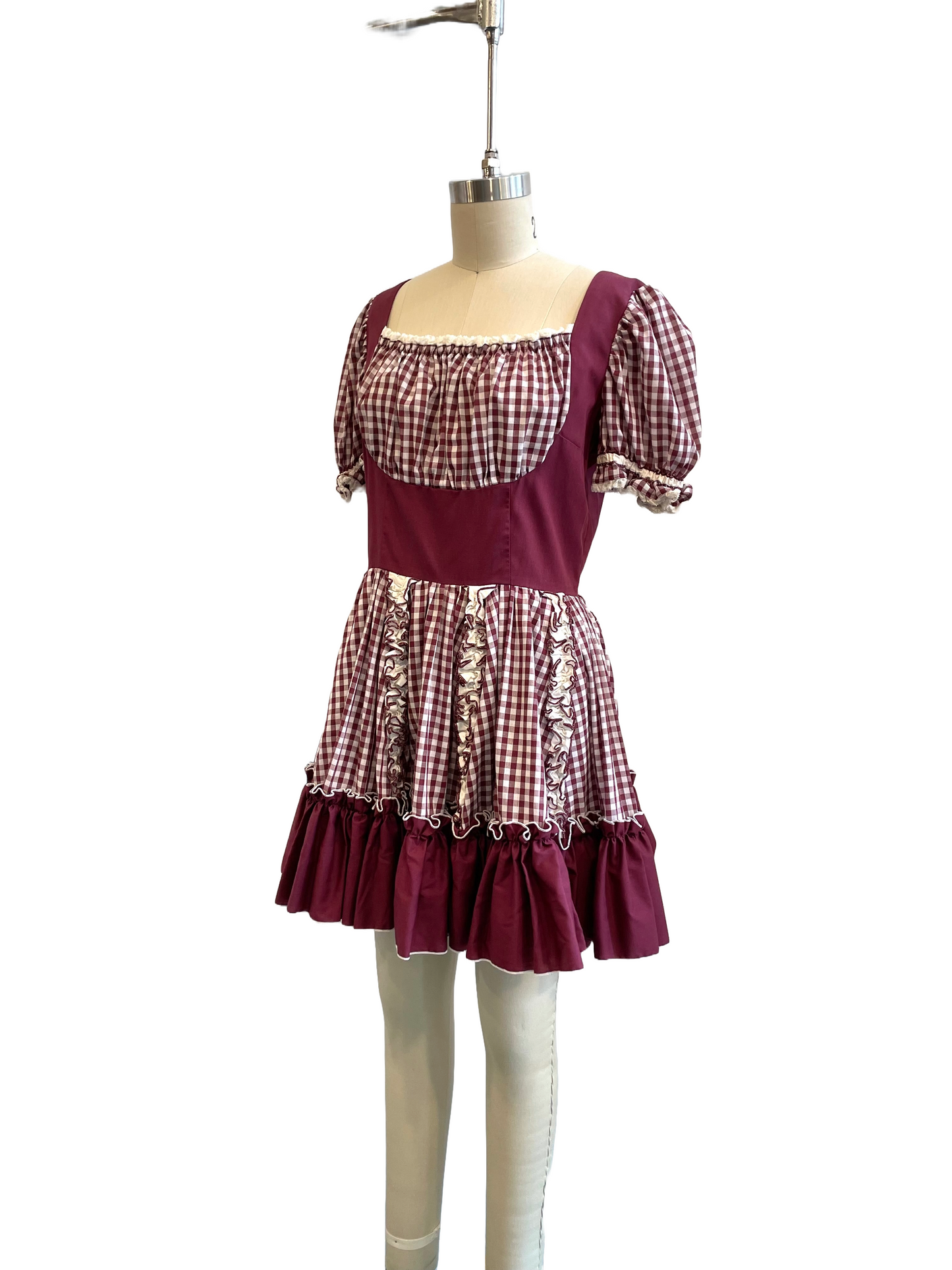 1970s Maroon Check Milkmaid Square Dance Mini Dress