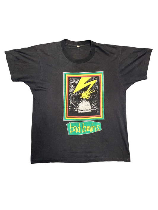 Black t-shirt with graphic design and 'bad brains' text on a white background