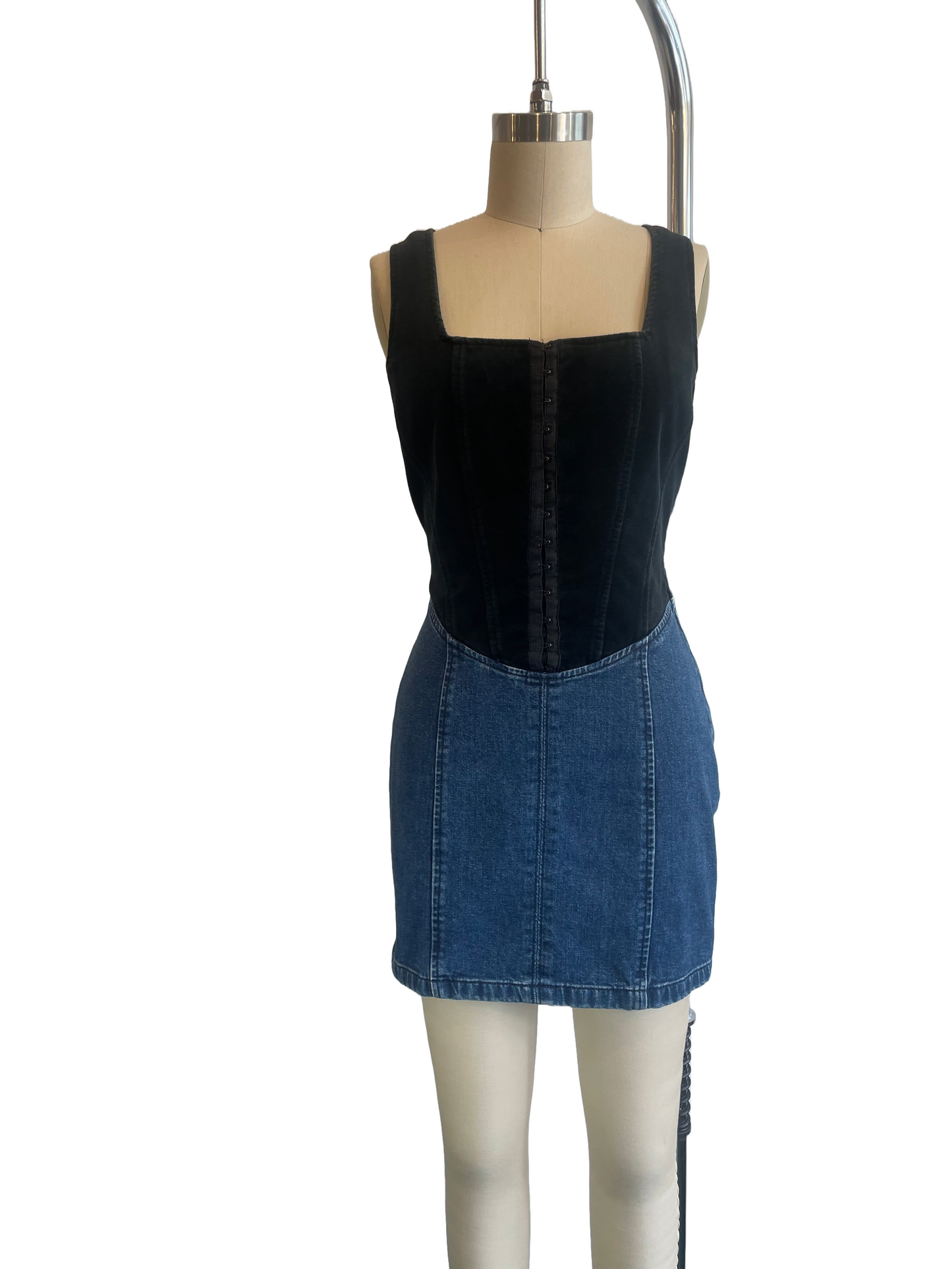 1990s Black Velvet Denim GUESS Corset Top Mini Dress