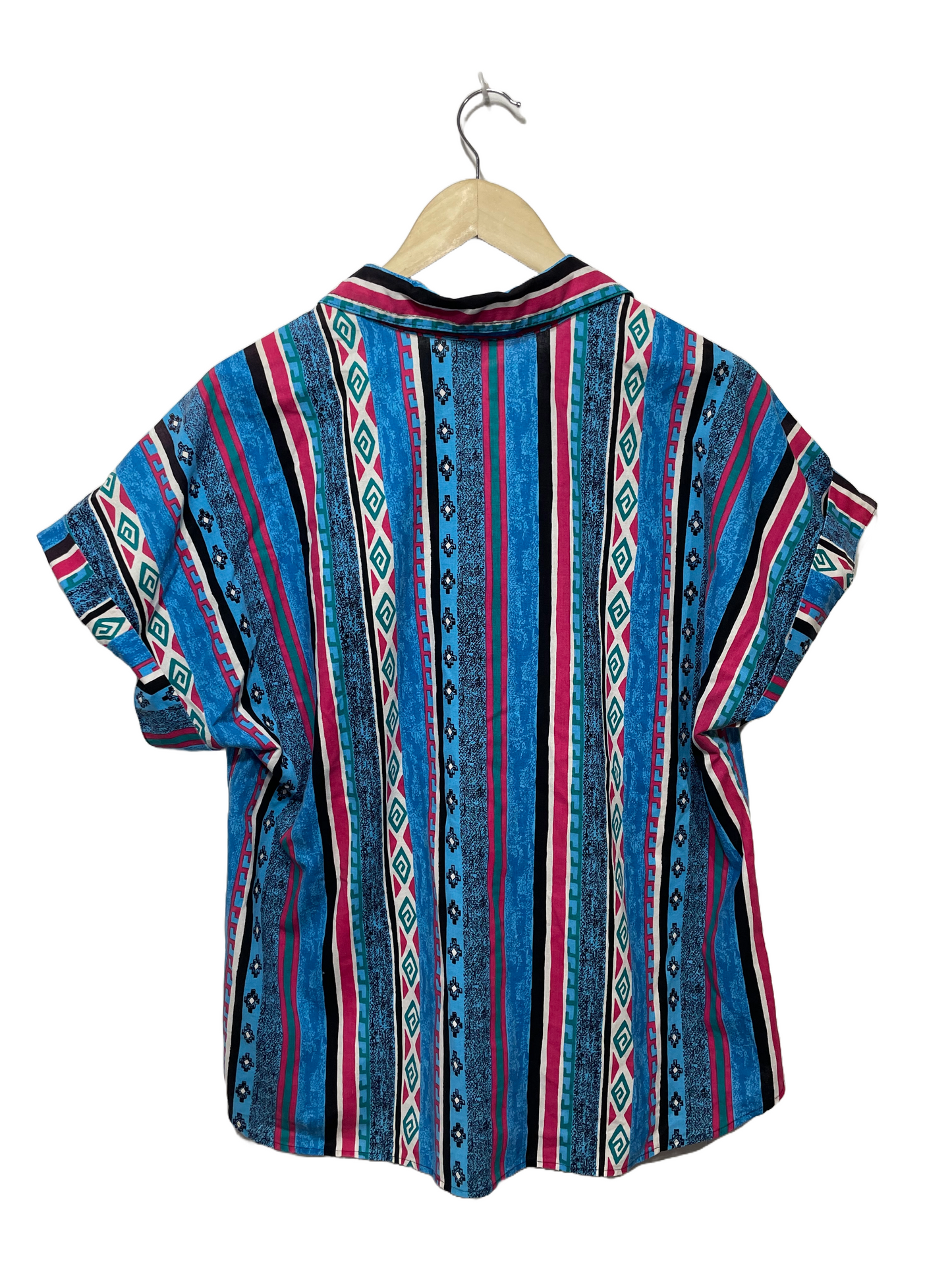 1980s Blue Pink Western Print Cotton Blouse
