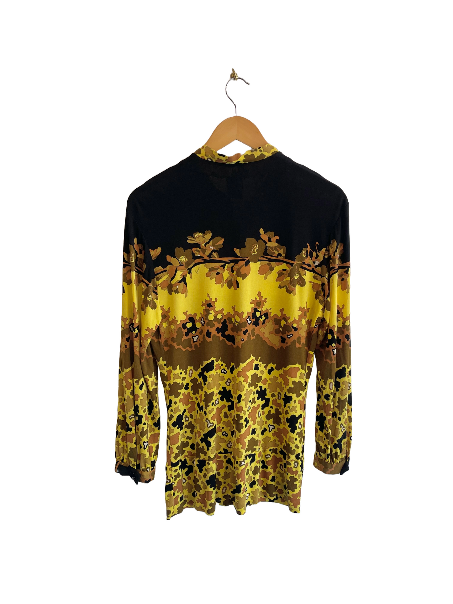 1970s Black Yellow Amber Mustard Silk Abstract and Floral 'Swan' Nehru Collar Blouse