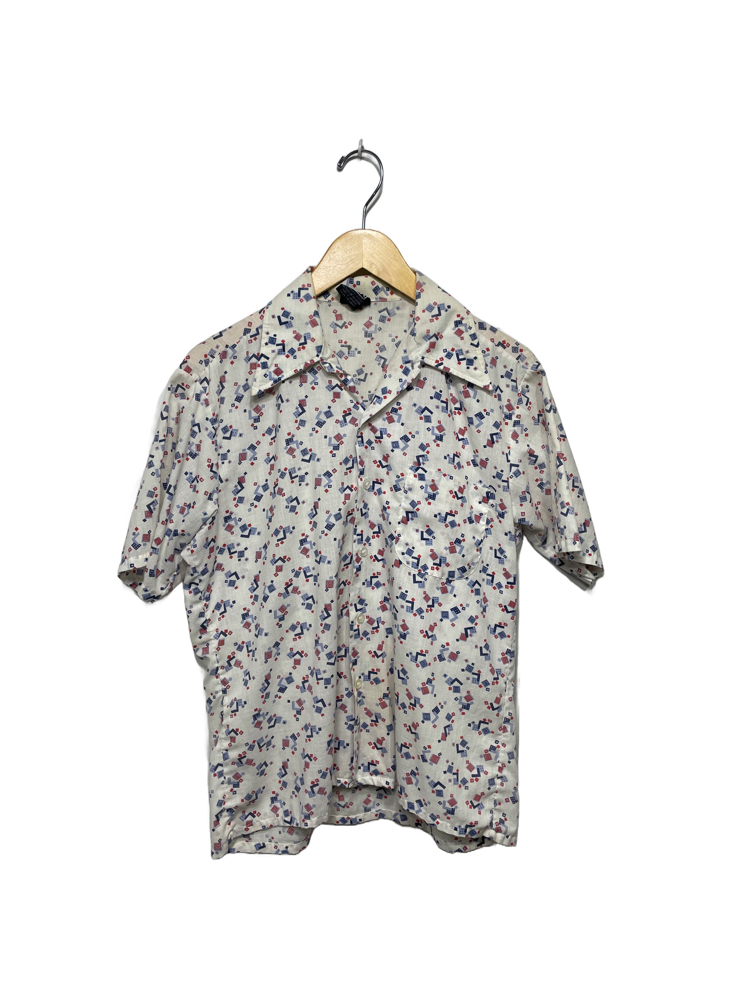 1970s White Red Blue Micro Geo Print Leisure Shirt