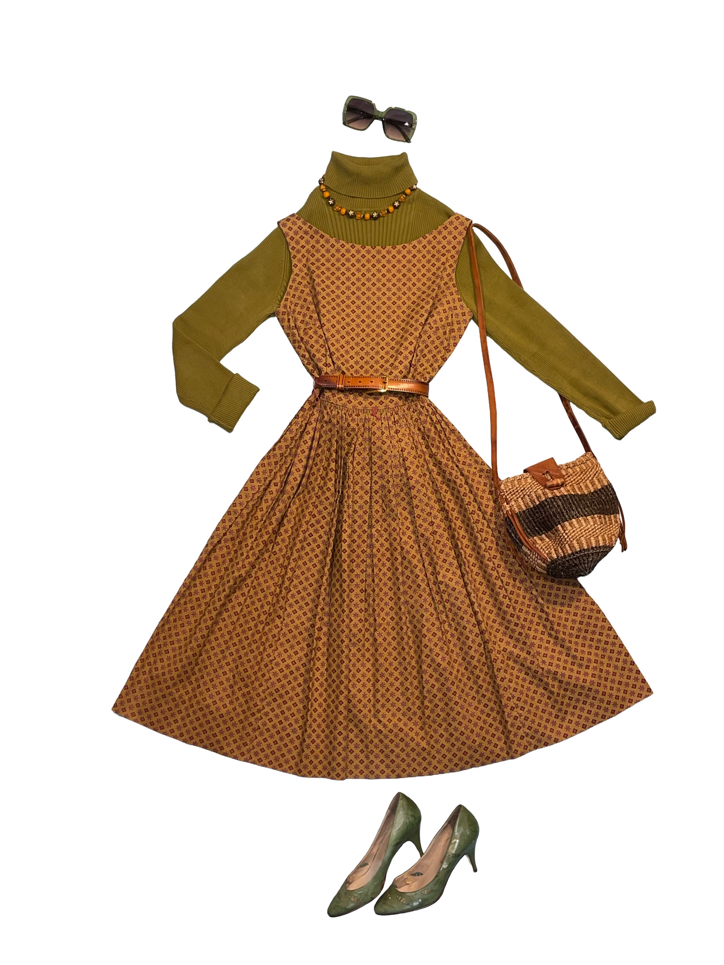 1960s Ochre Red Navy Mini Medallion Print Cotton Sleeveless Dress