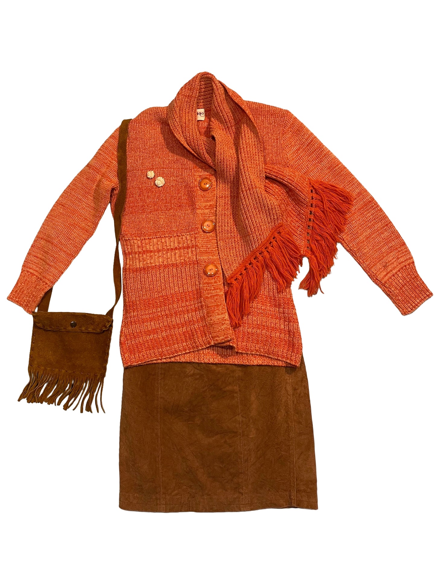 1970s Orange Marled Knit Attached Scarf Wool Cardigan
