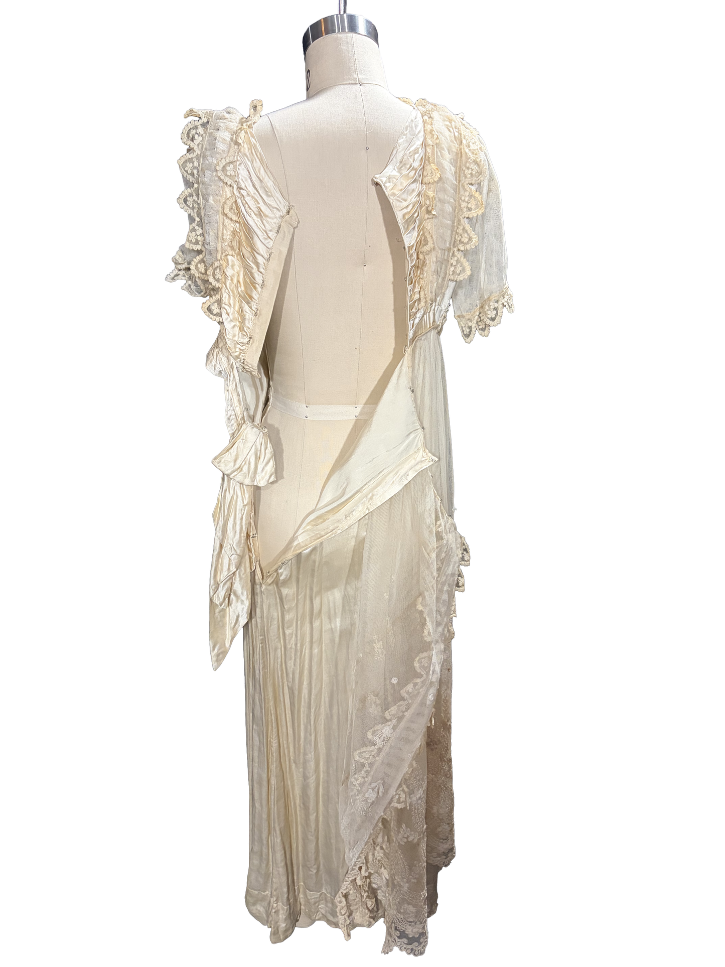 1910s Edwardian White Silk Satin English Lace Bridal Gown