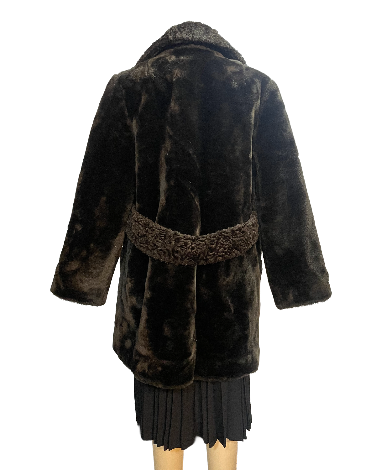 1960s Black Plush Brown Faux-Fur Collar Double-Breasted Coat